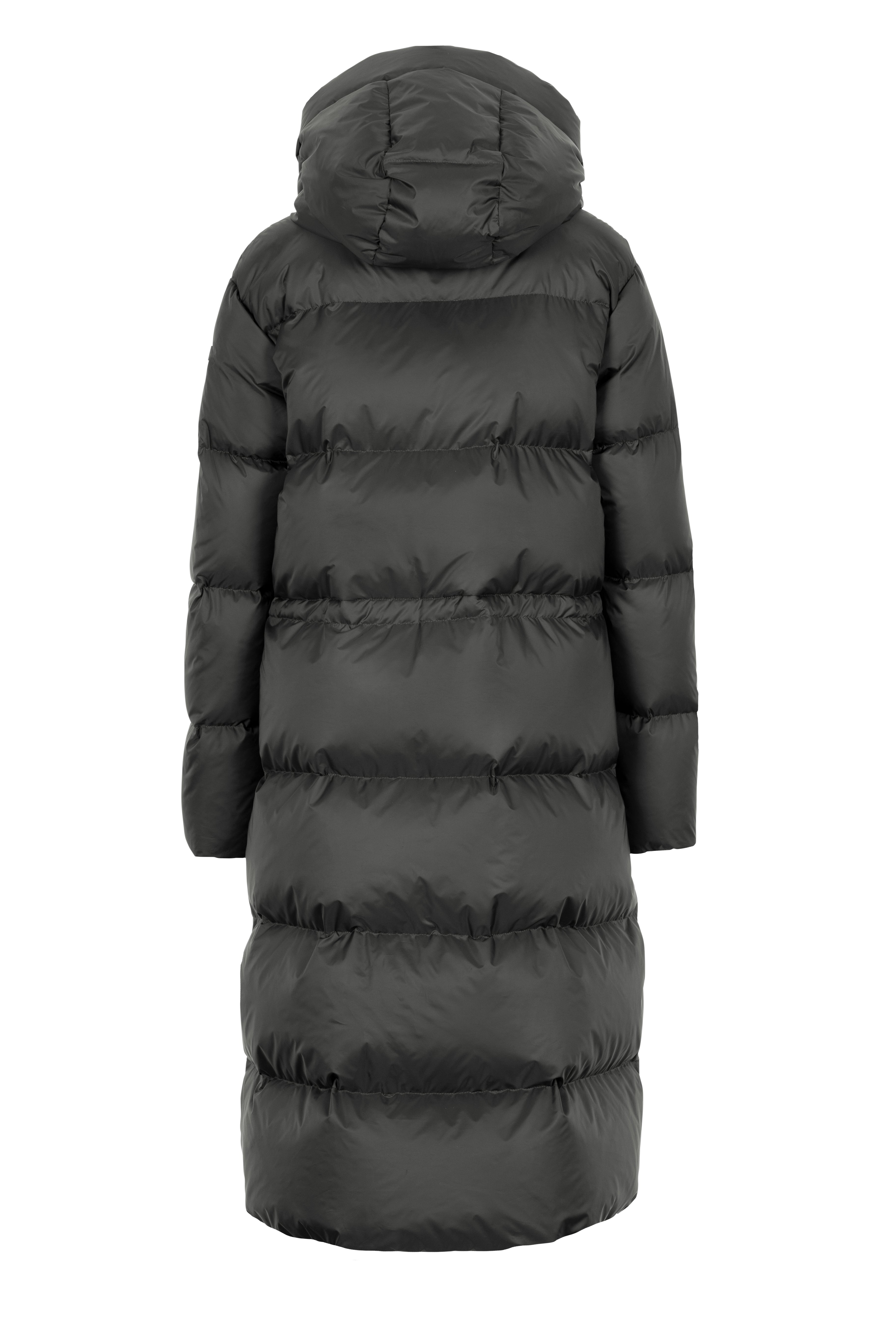 Long hooded Lempelius downcoat with a slim sihouette