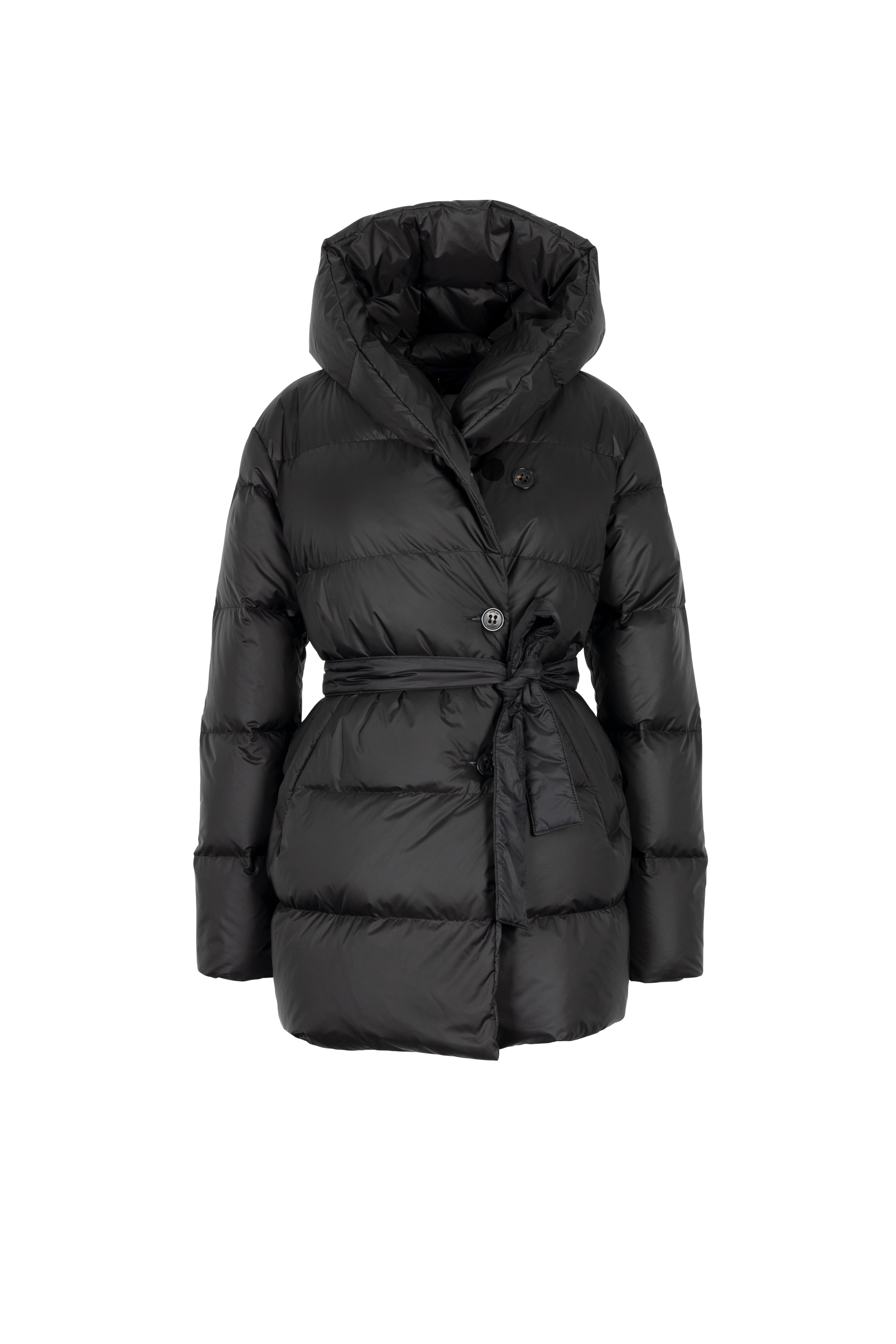 slim silhouette Lempelius down coat in the color black