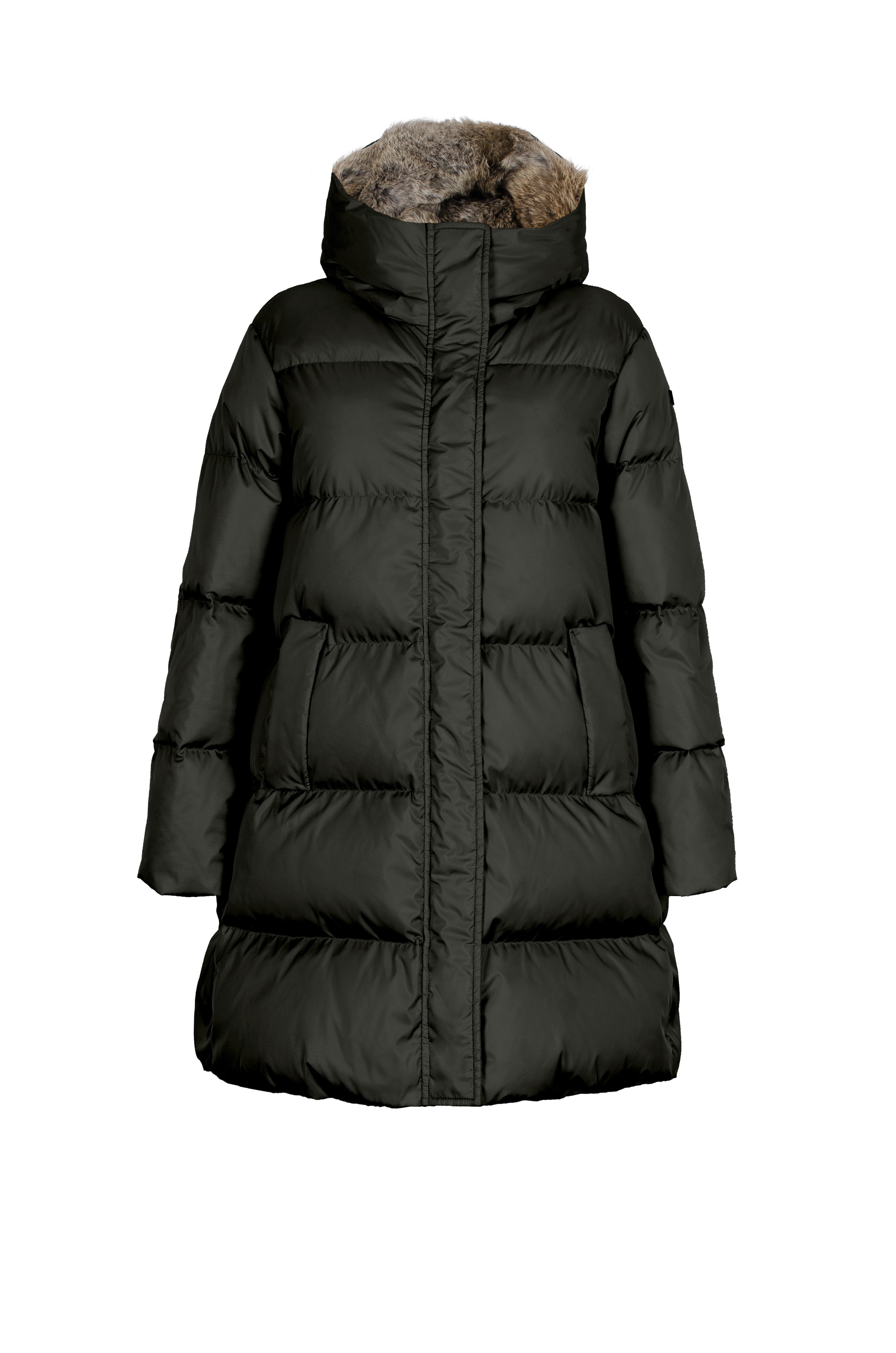 Minimal Lempelius down coat with rabbit fur hood