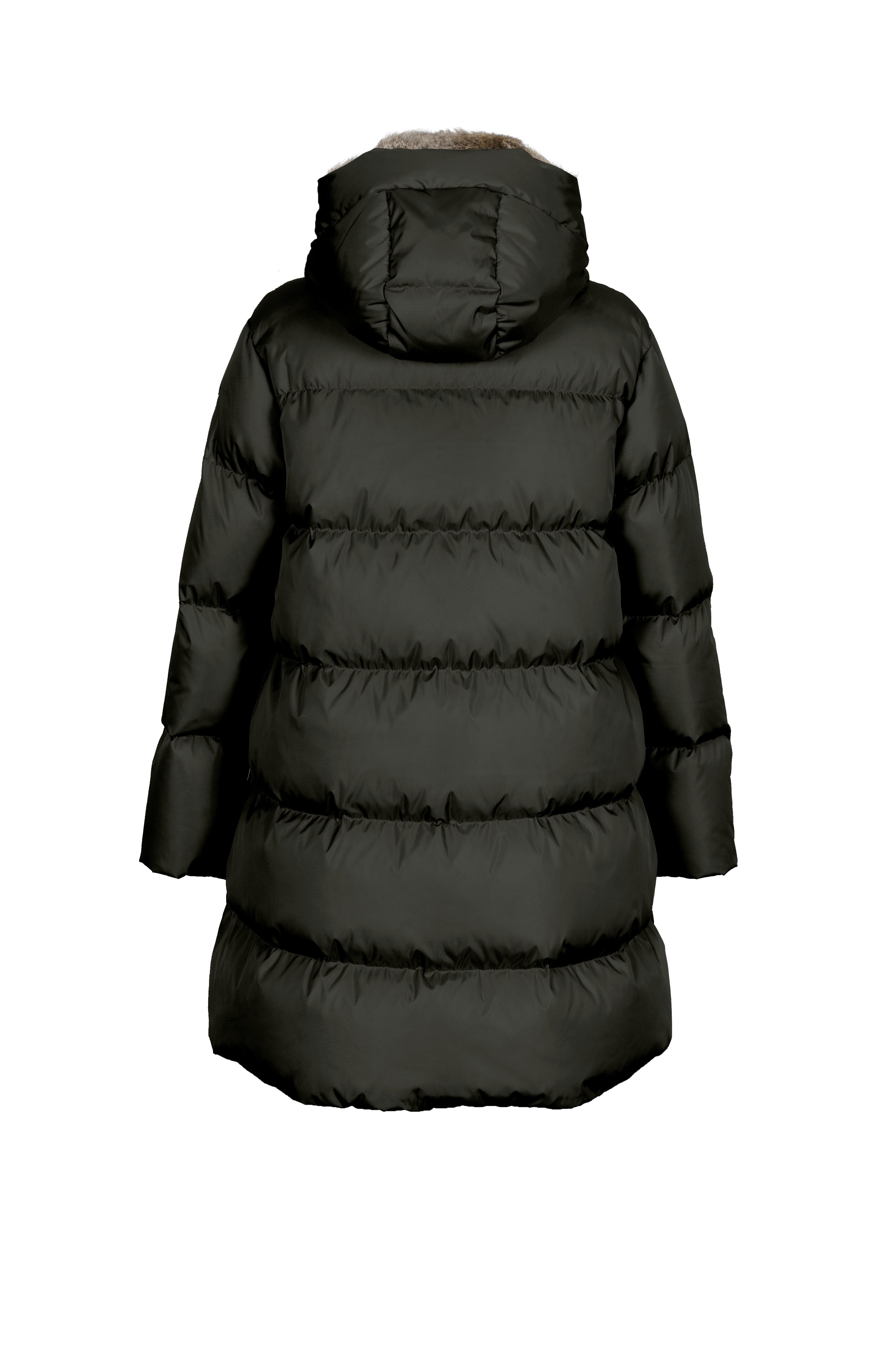 Minimal Lempelius down coat with rabbit fur hood