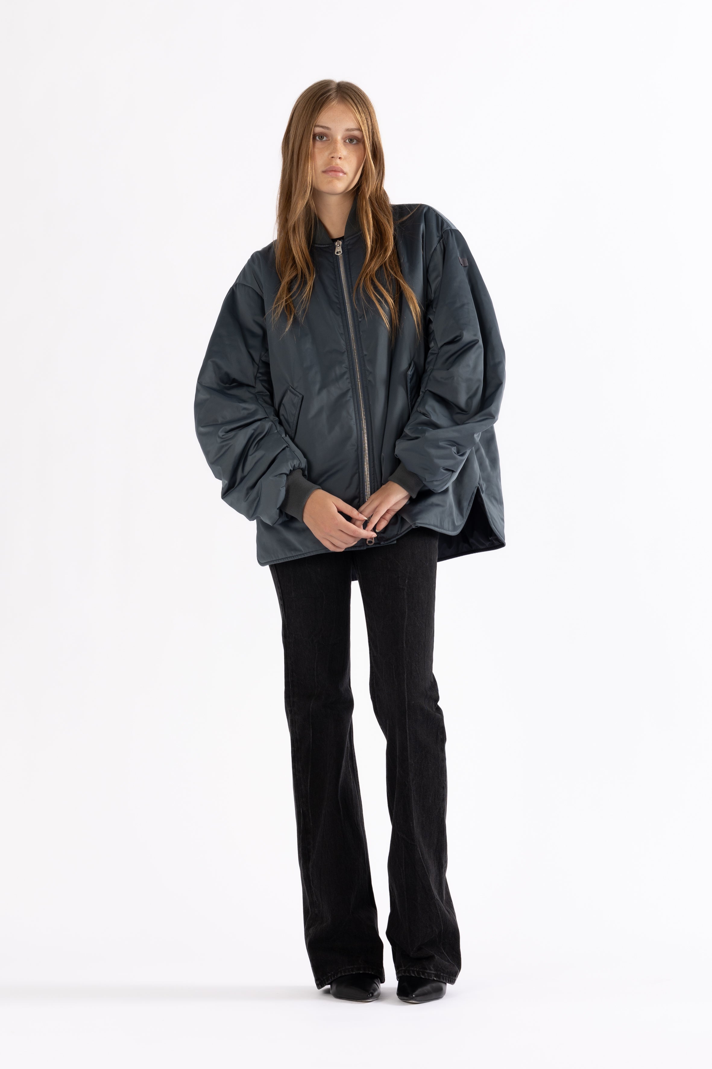 Flared bomber jacket in graphite blue