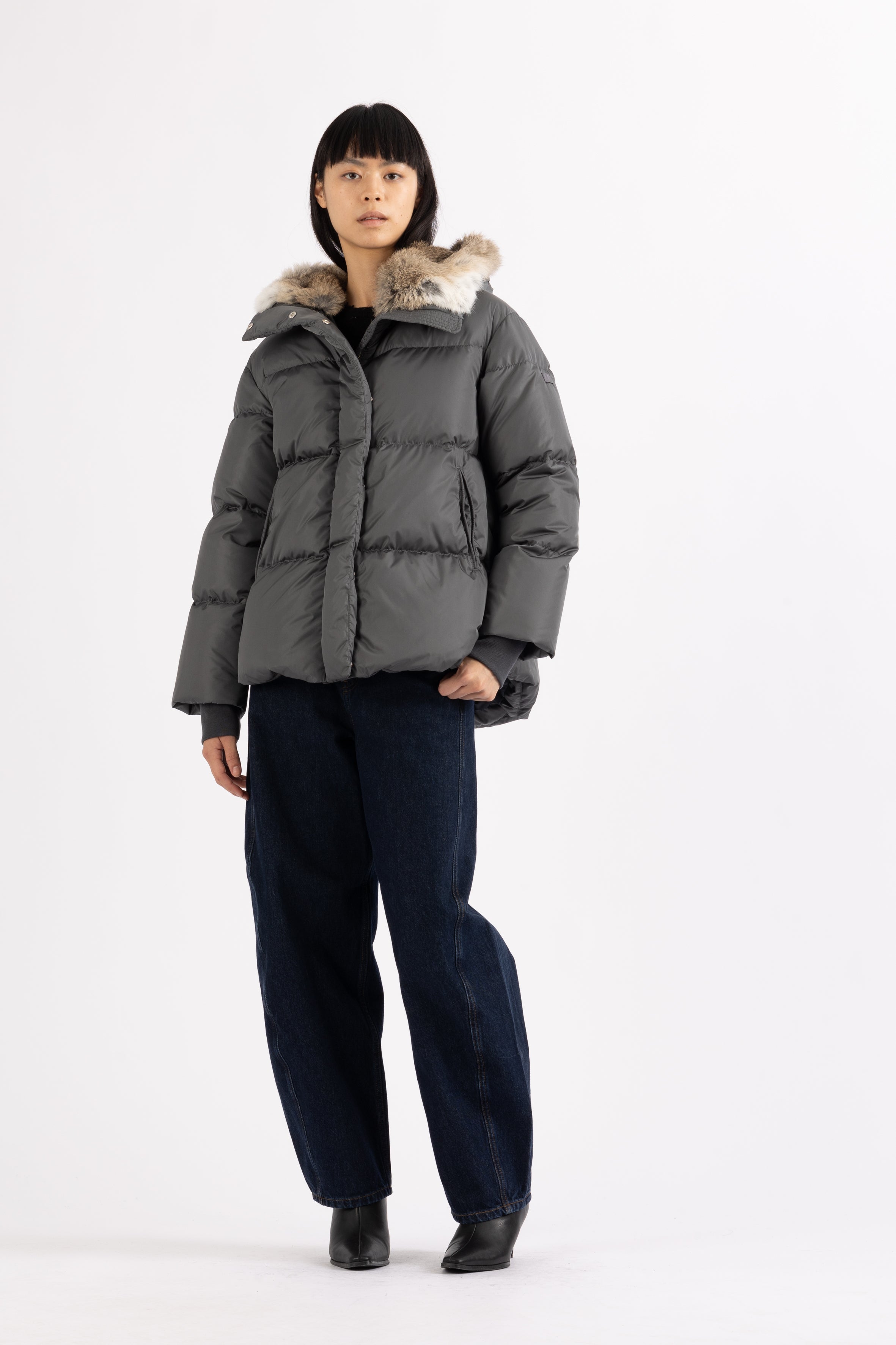 LEMPELIUS high density nylon short down jacket with fur hood