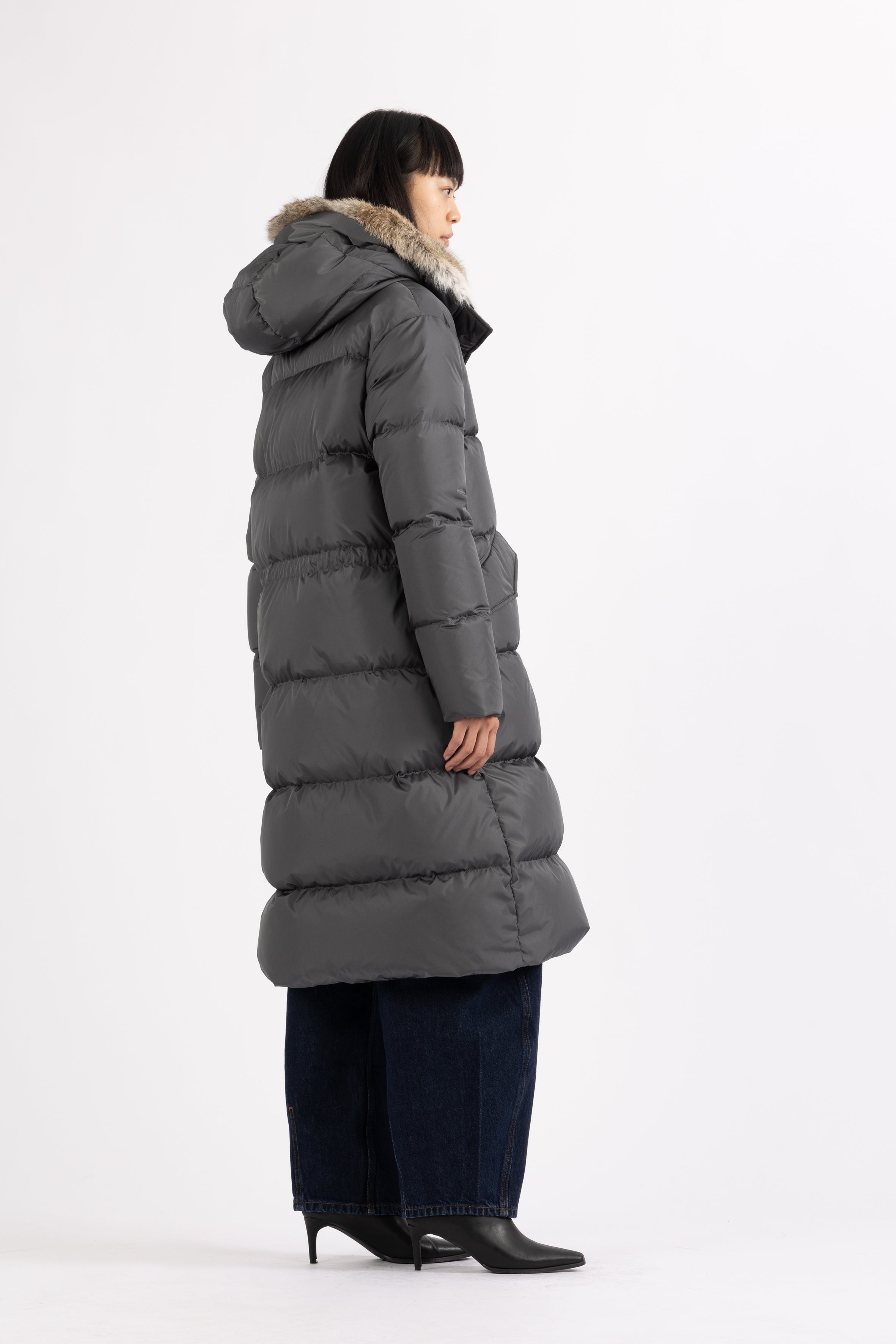 LEMPELIUS long duck down coat in iron grey with fur hood