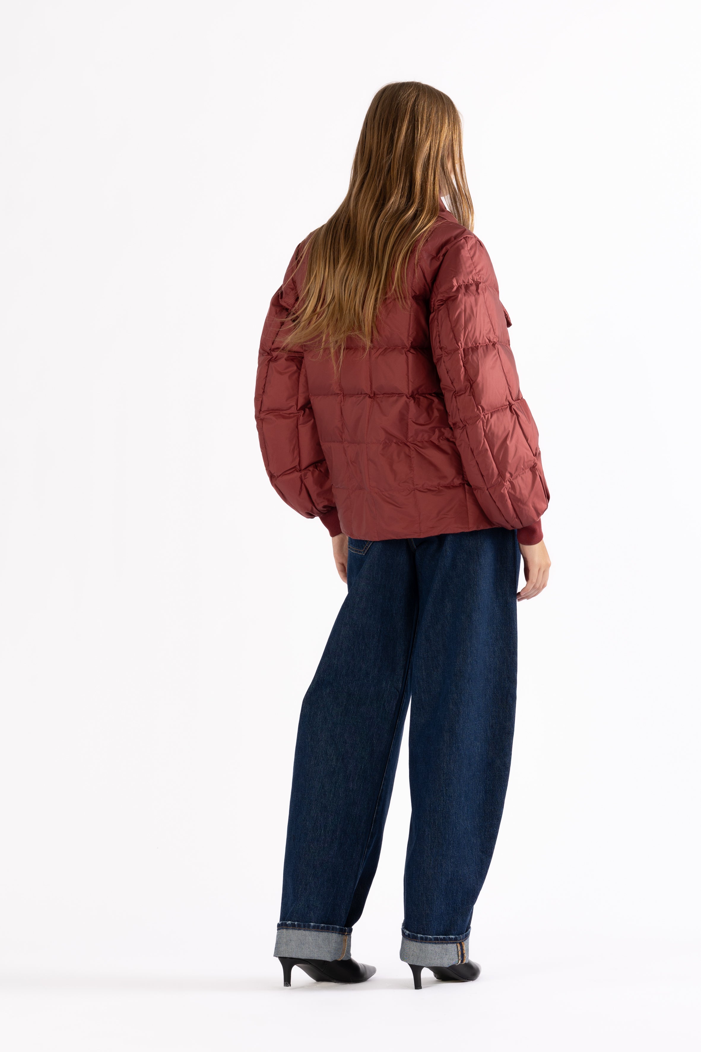LEMPELIUS quilted lightweight jacket in rosewood with detachable down scarf in red and red cotton cuffs