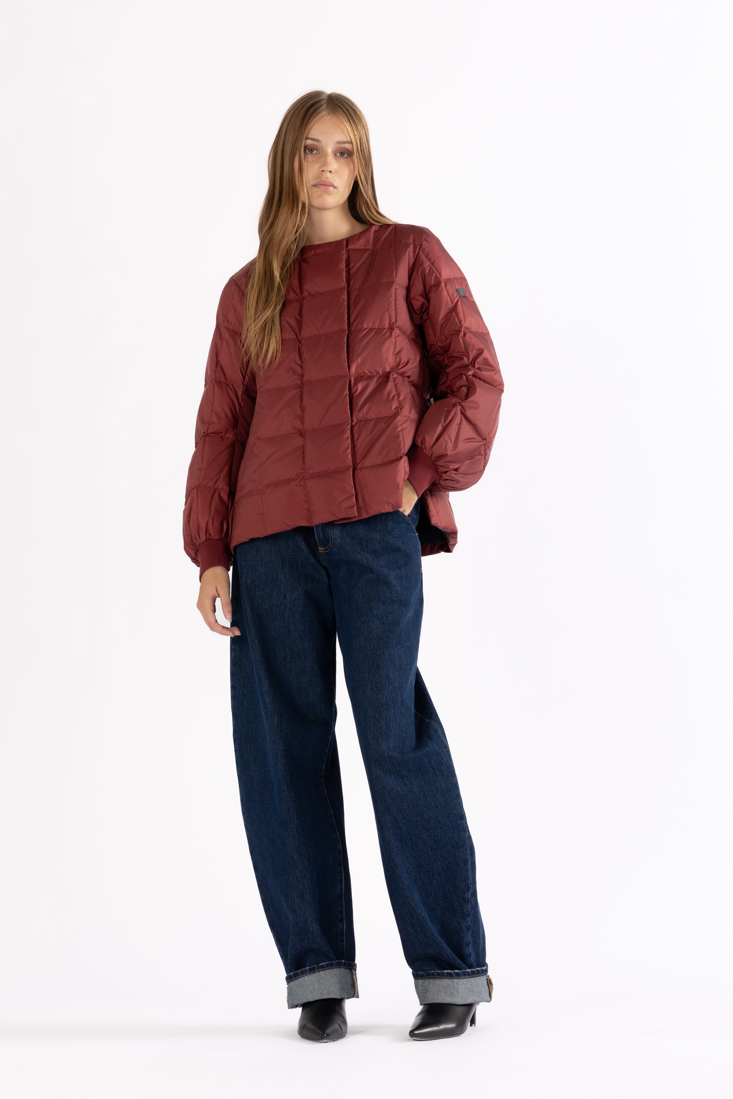 LEMPELIUS quilted lightweight jacket in rosewood with detachable down scarf in red and red cotton cuffs