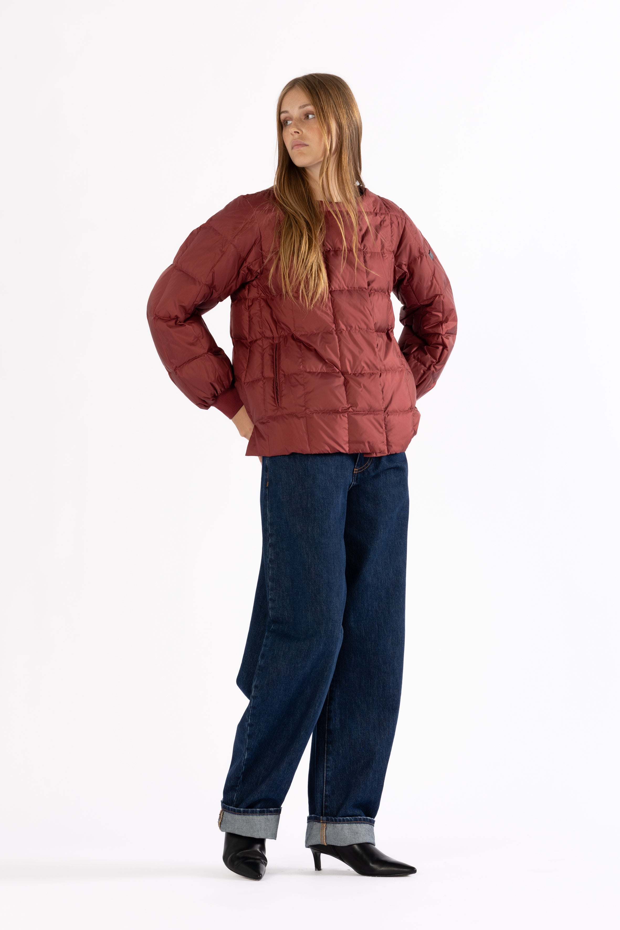LEMPELIUS quilted lightweight jacket in rosewood with detachable down scarf in red and red cotton cuffs