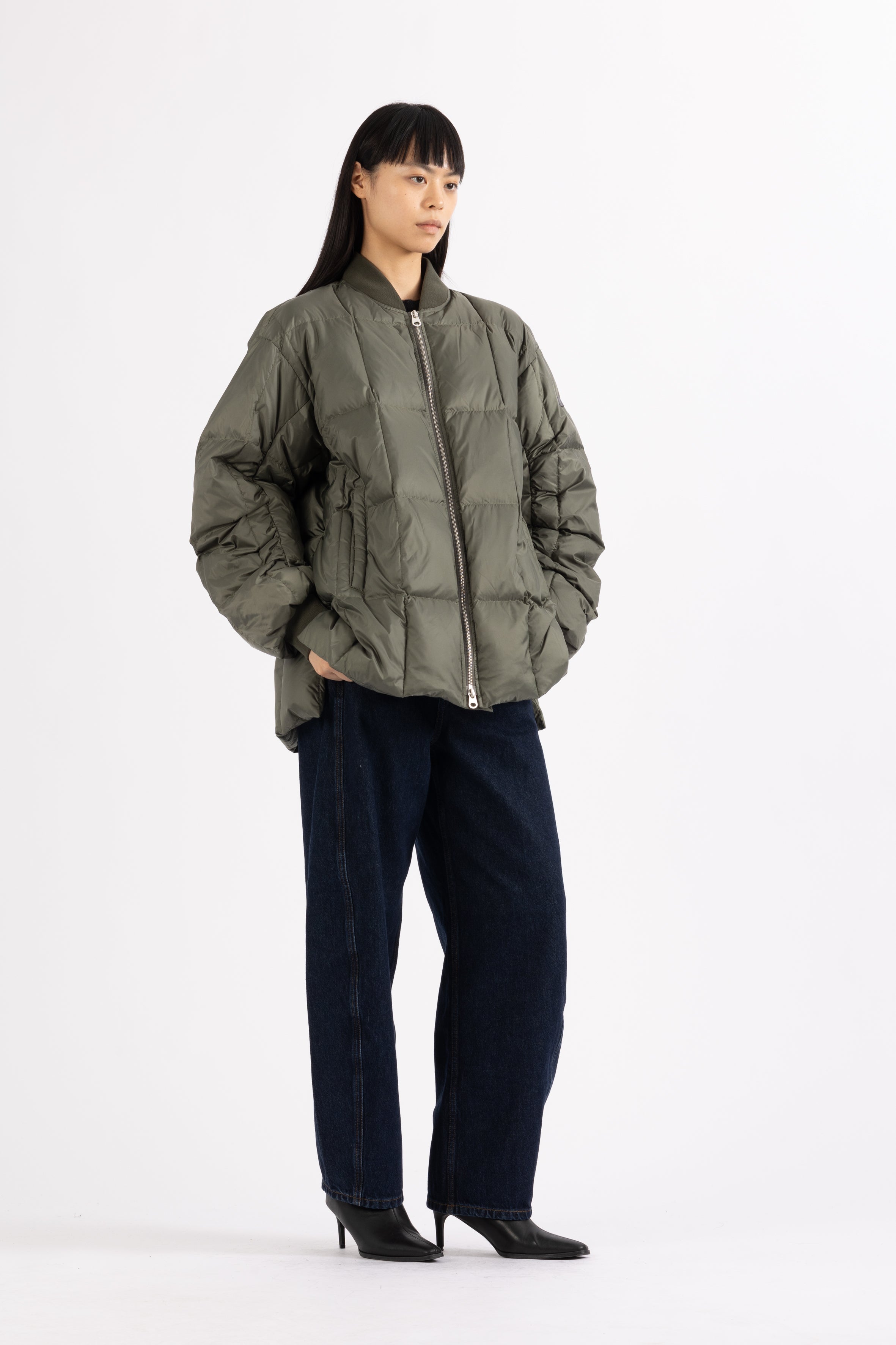 LEMPELIUS silky nylon light down jacket in muted green
