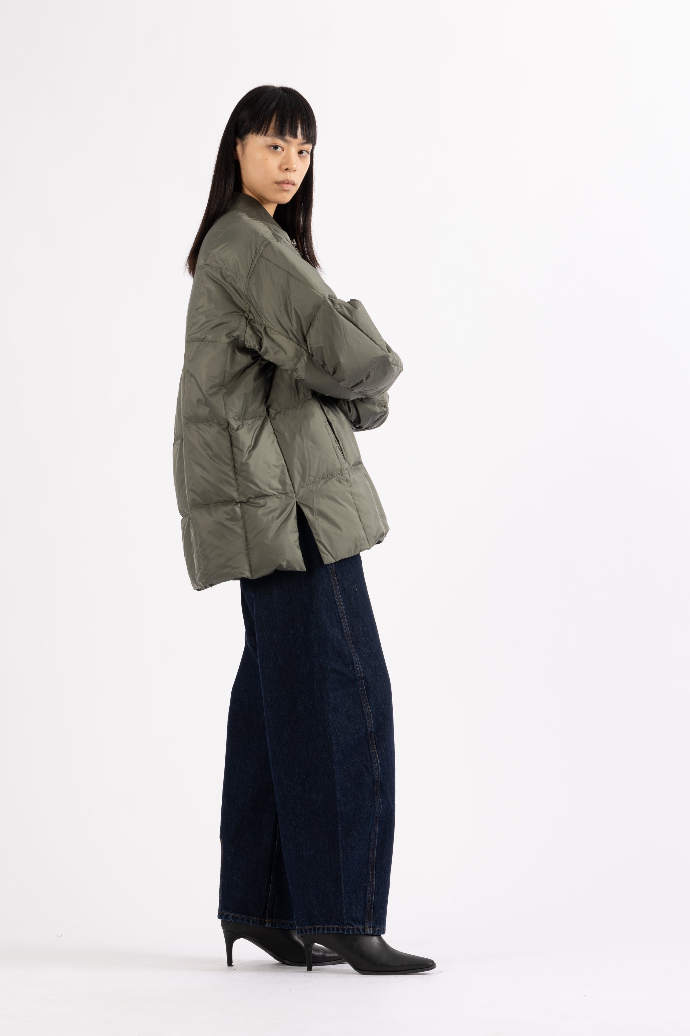 LEMPELIUS silky nylon light down jacket in muted green