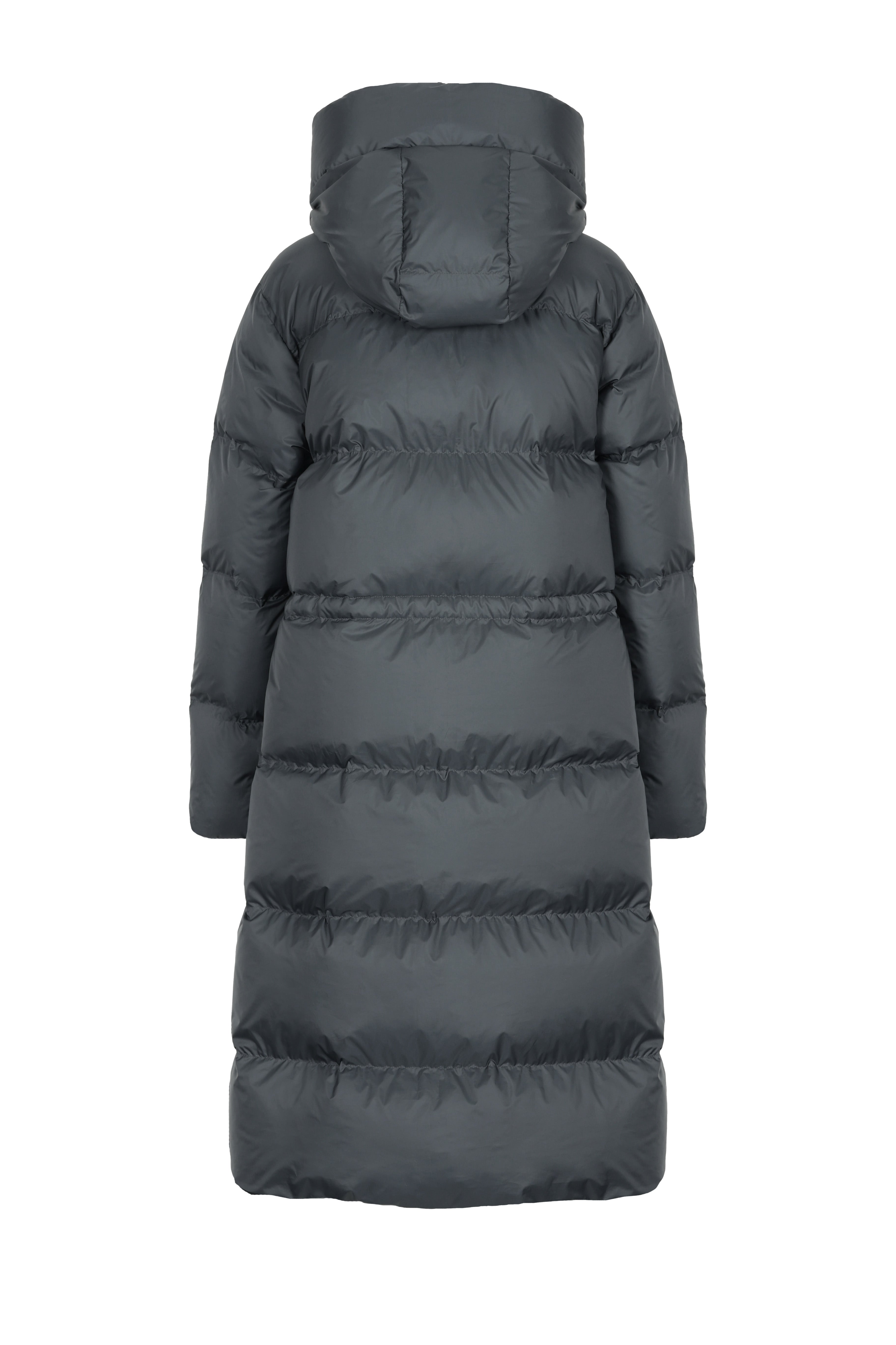 Long hooded Lempelius downcoat with a slim sihouette