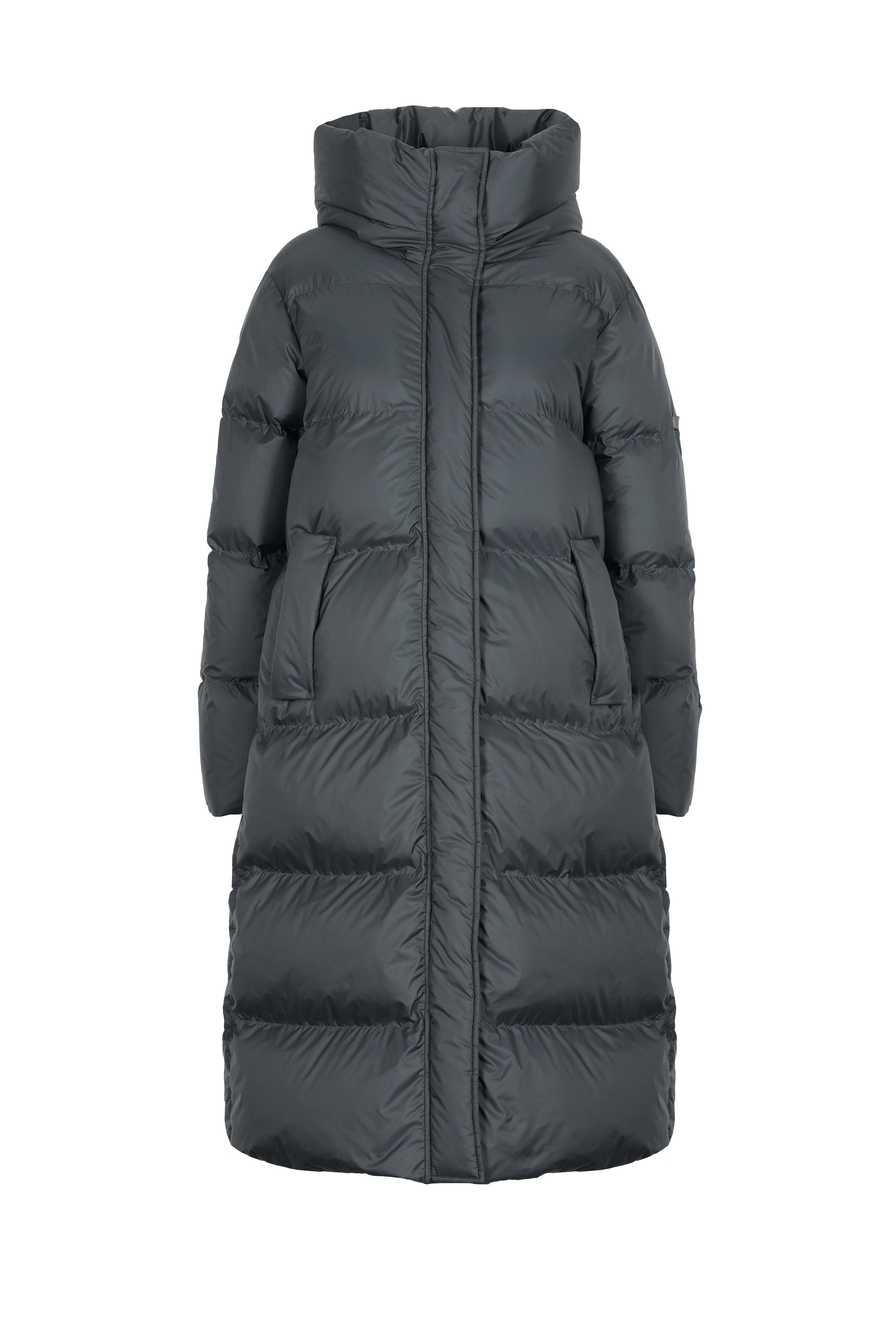 Long hooded Lempelius downcoat with a slim sihouette