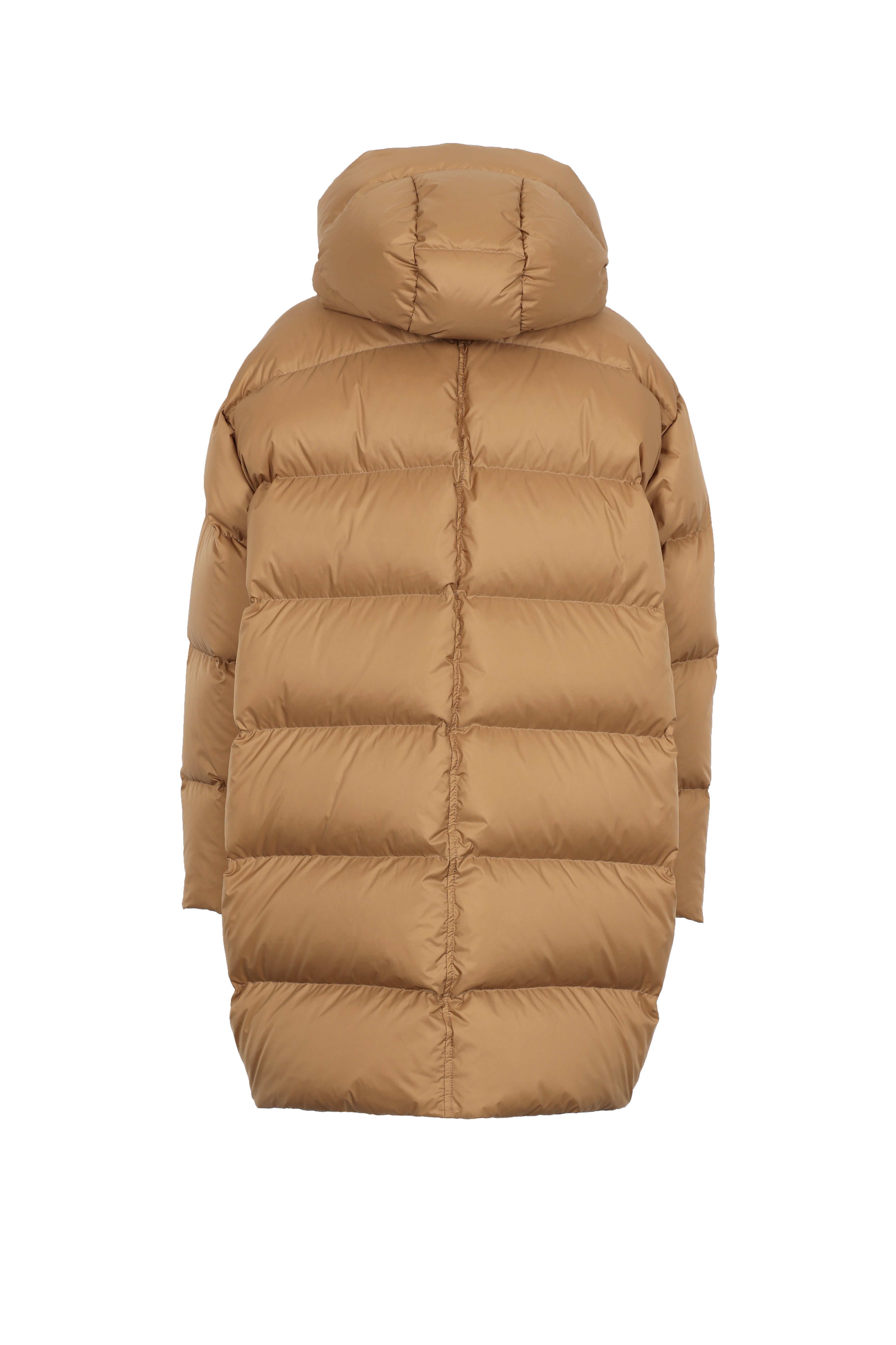 Mid‑length down parka with a cocoon shaped silhouette