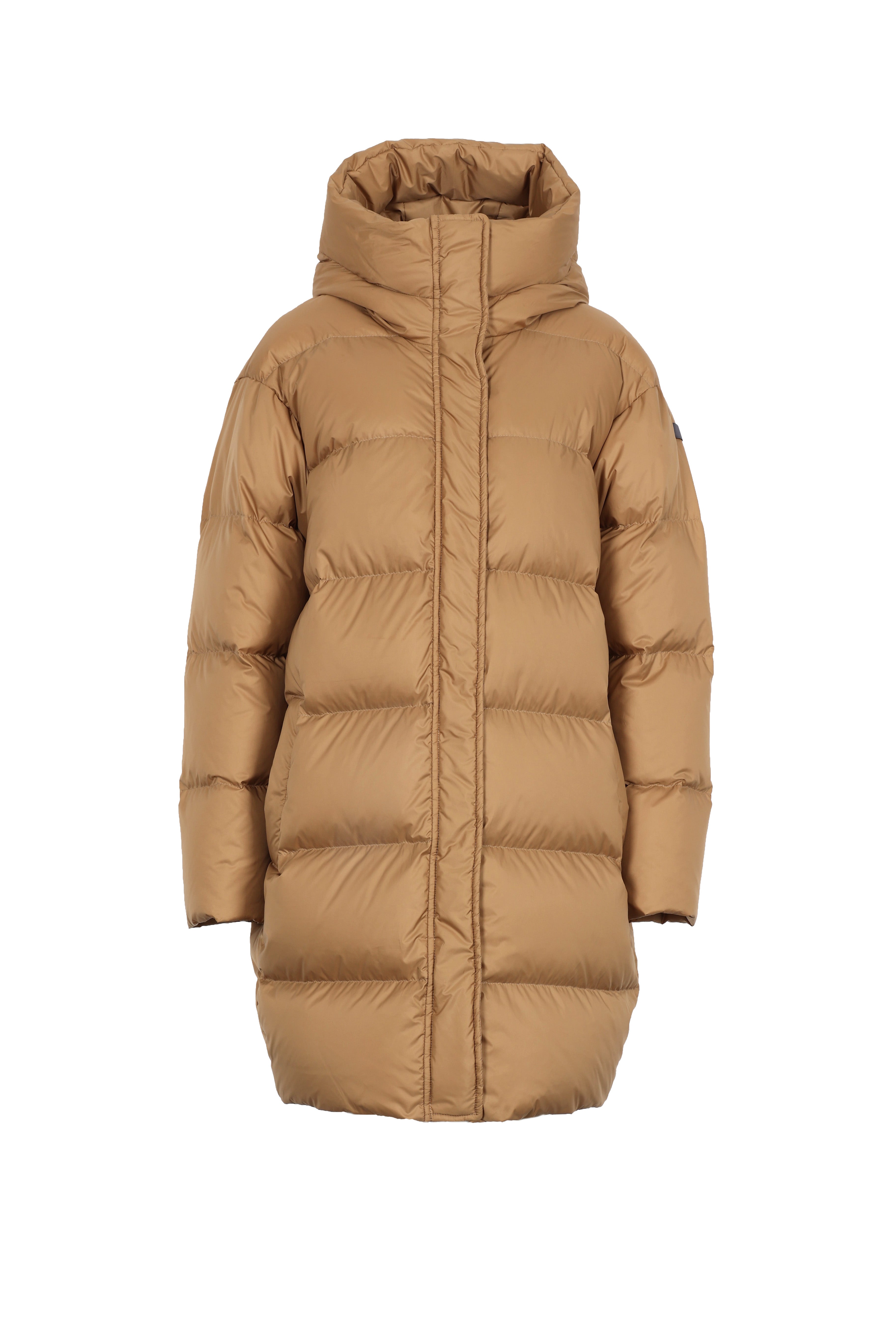 Mid‑length down parka with a cocoon shaped silhouette