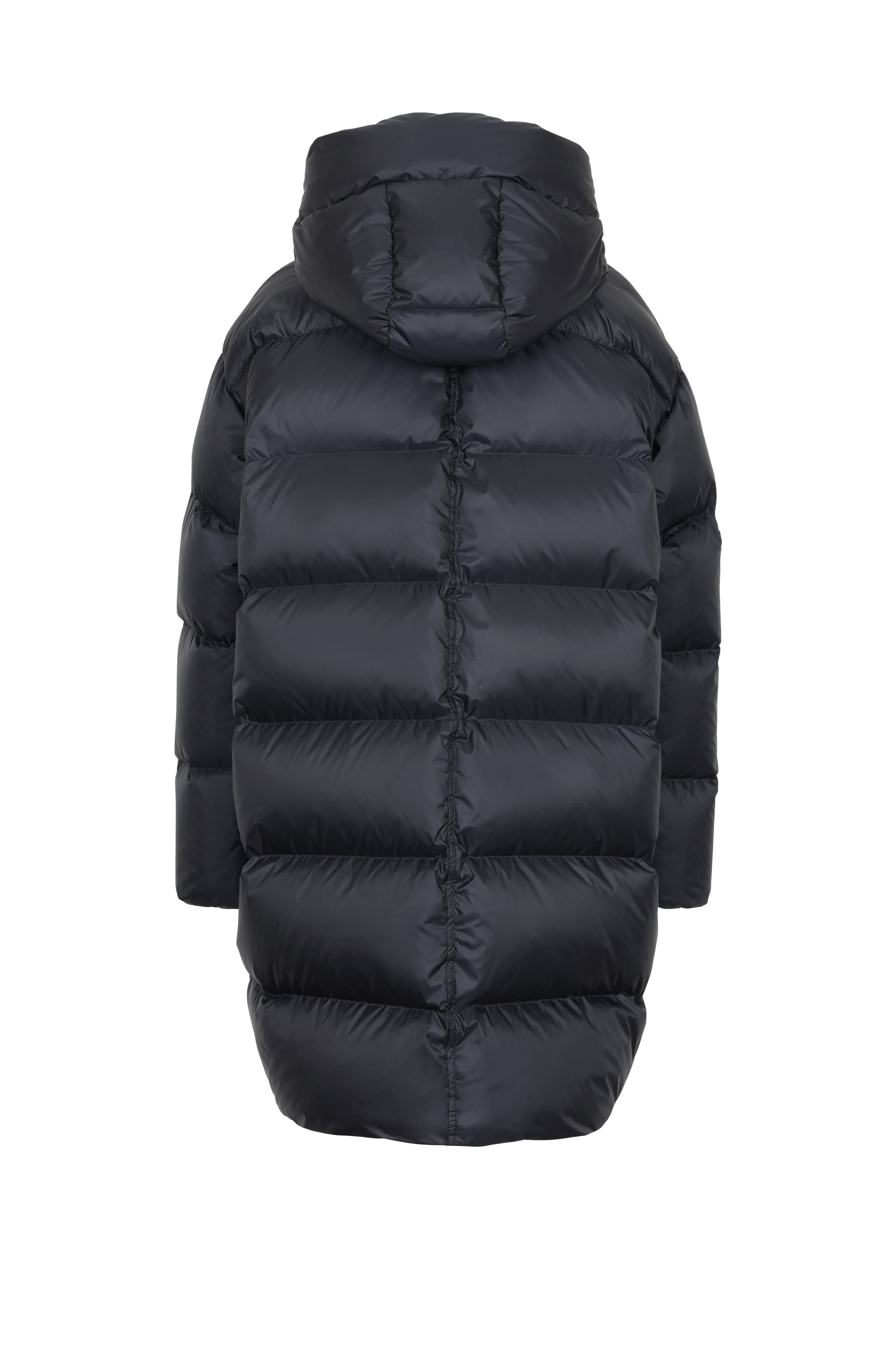Mid‑length down parka with a cocoon shaped silhouette