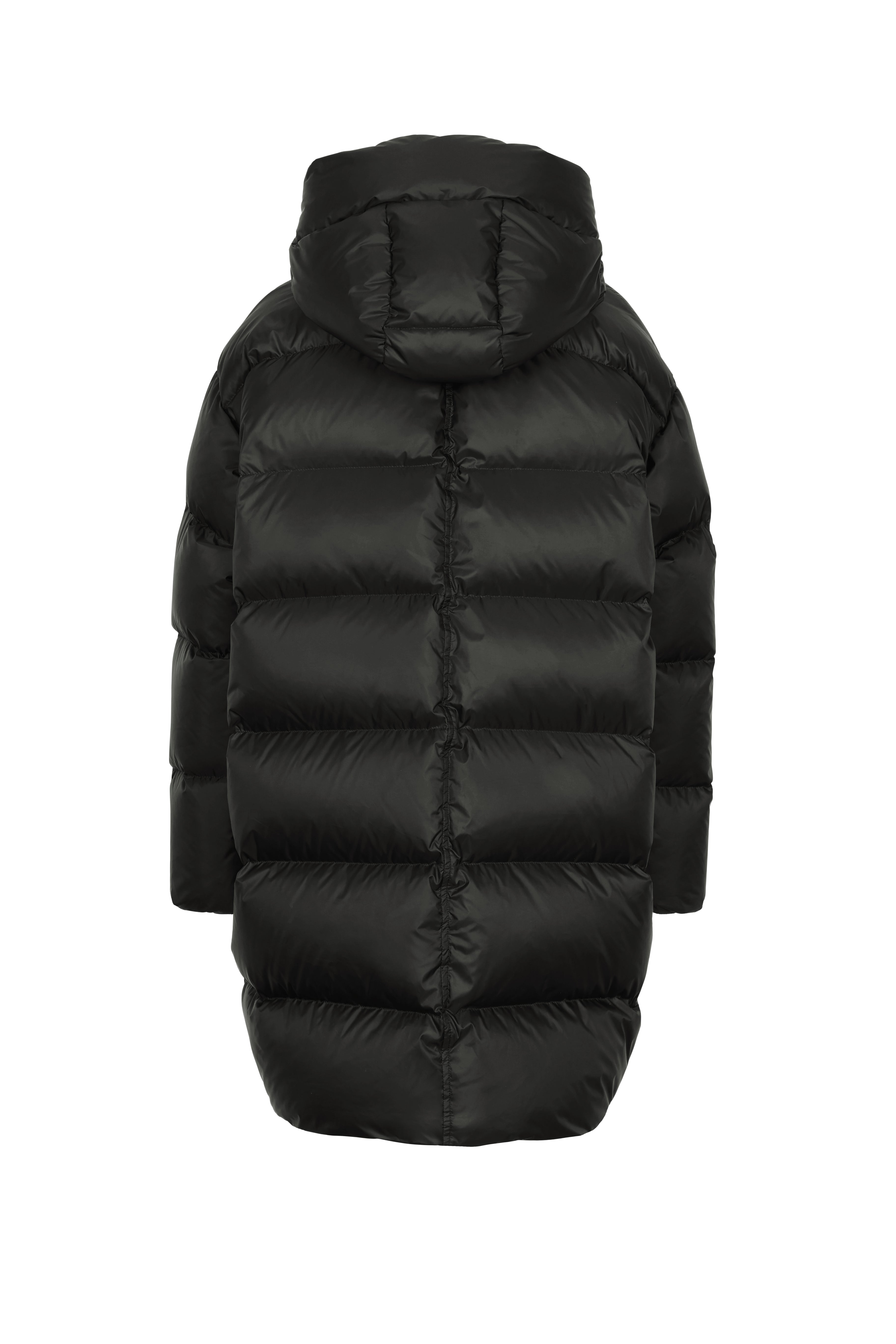 Mid‑length down parka with a cocoon shaped silhouette