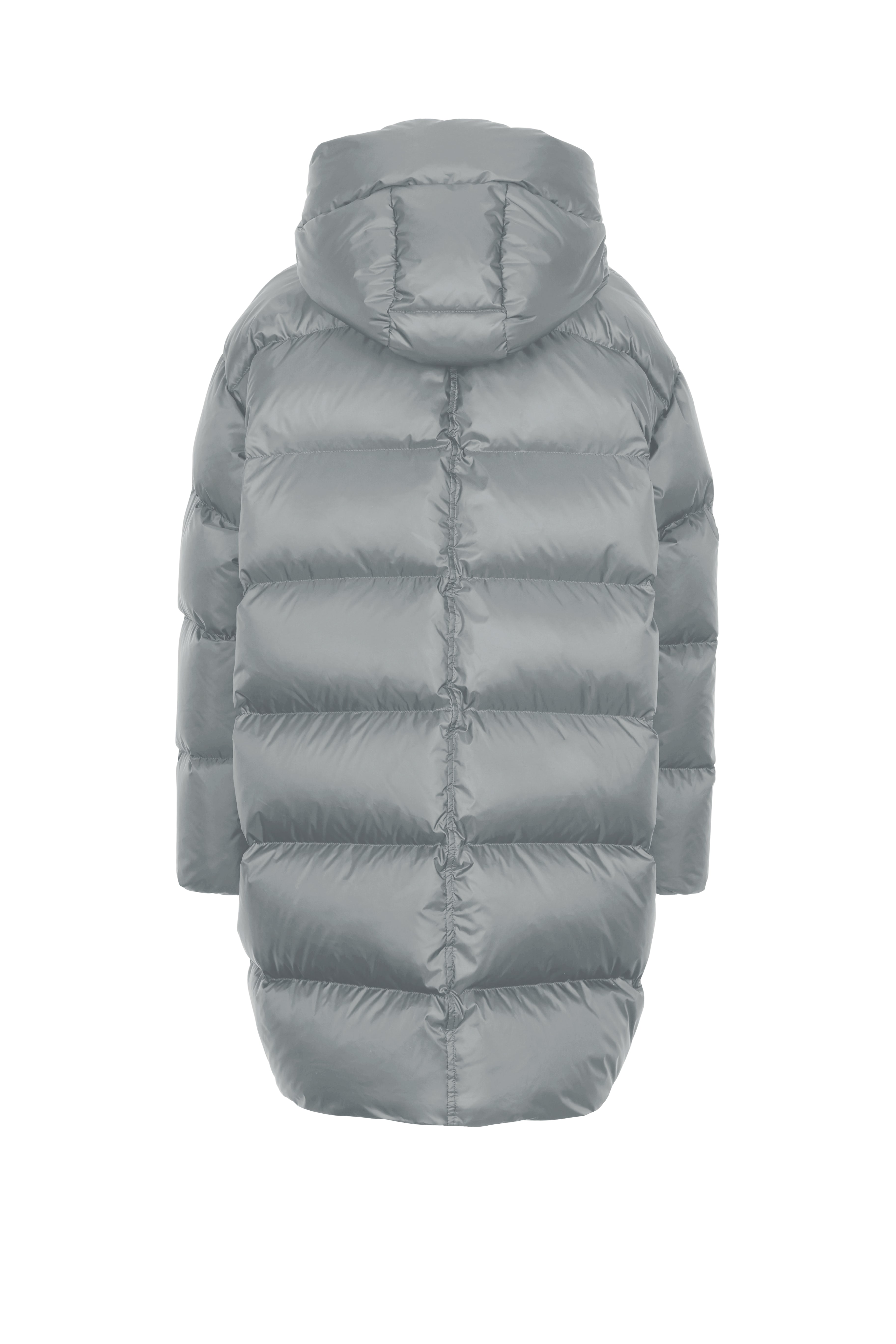 Mid‑length down parka with a cocoon shaped silhouette