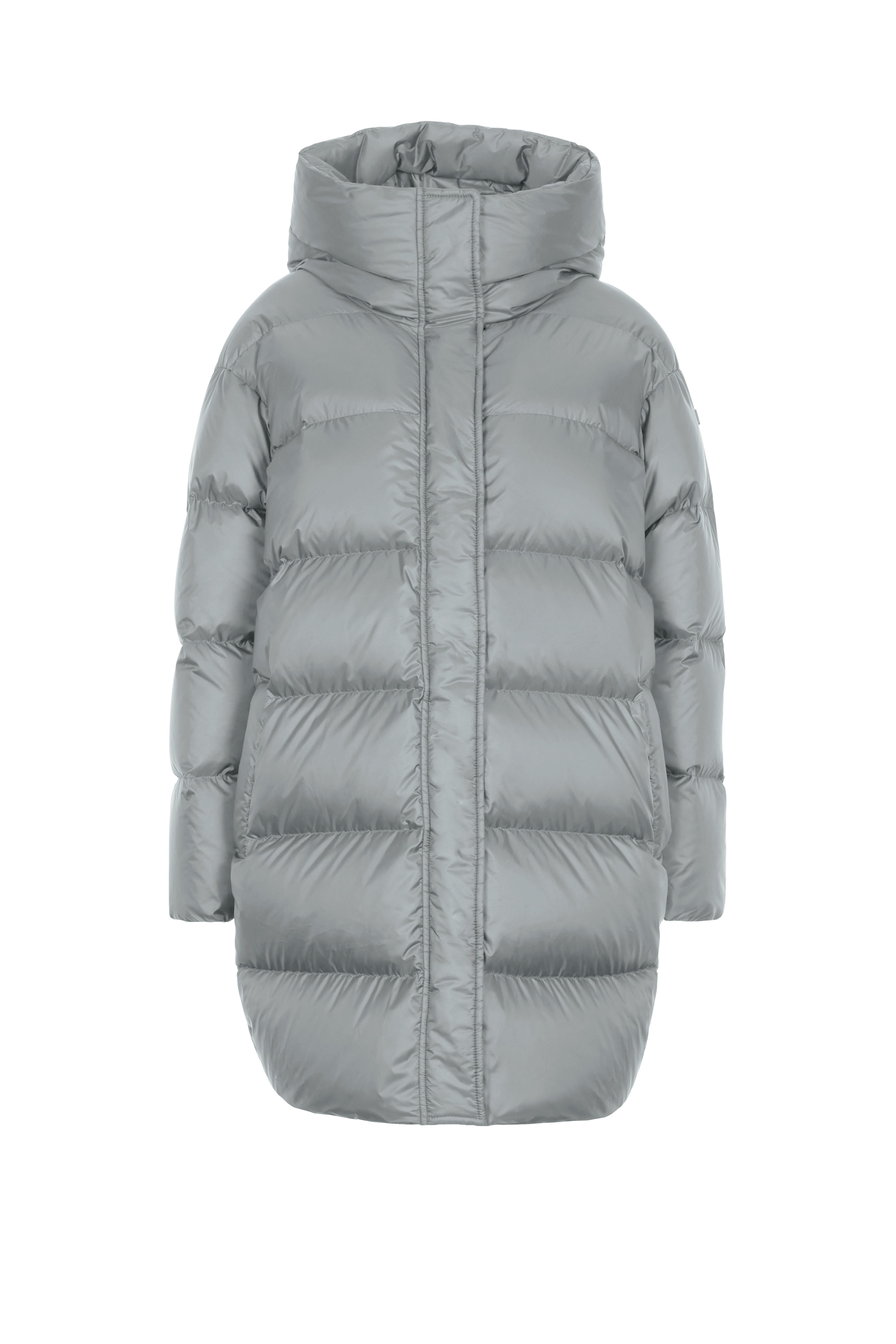 Mid‑length down parka with a cocoon shaped silhouette
