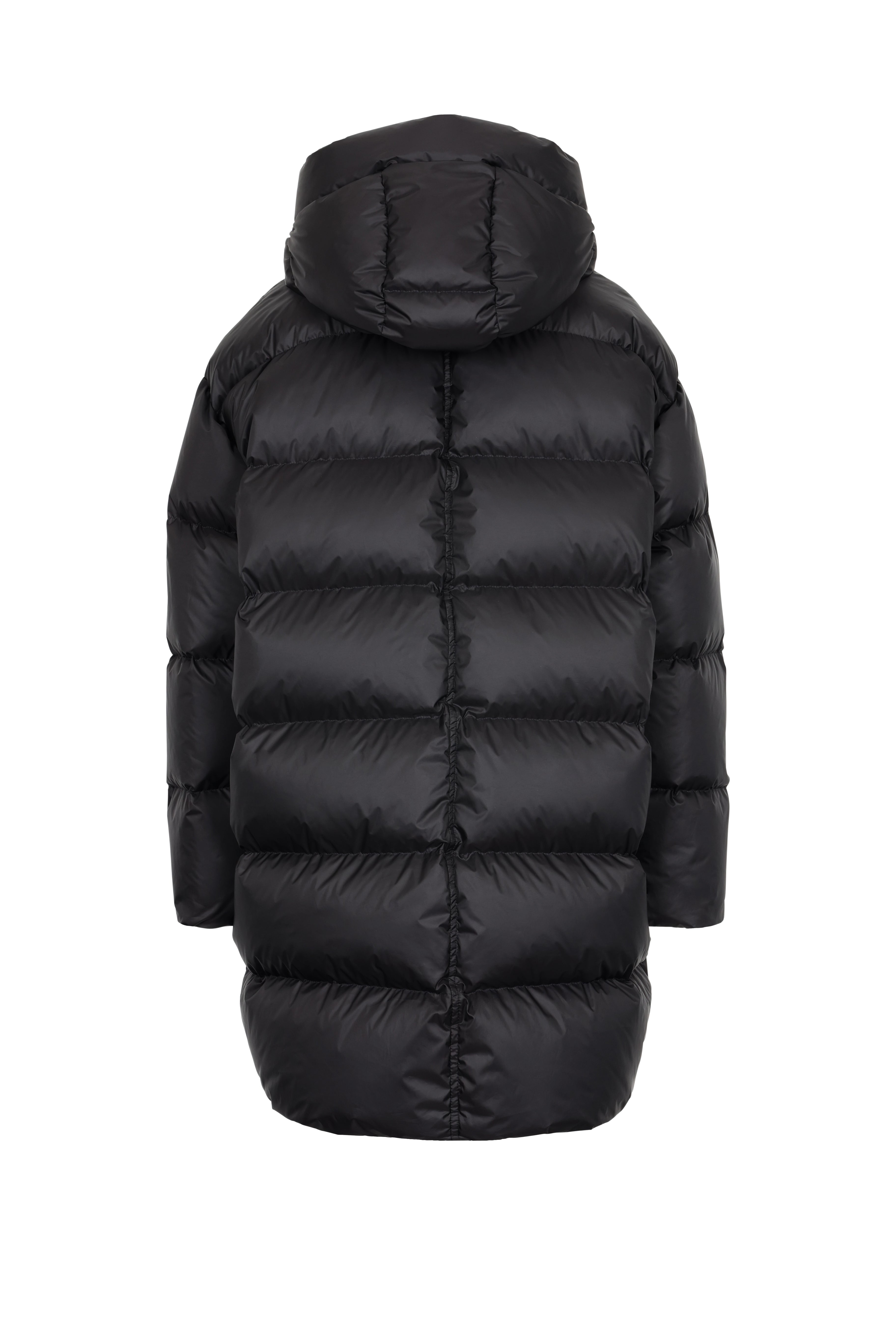 Mid‑length down parka with a cocoon shaped silhouette
