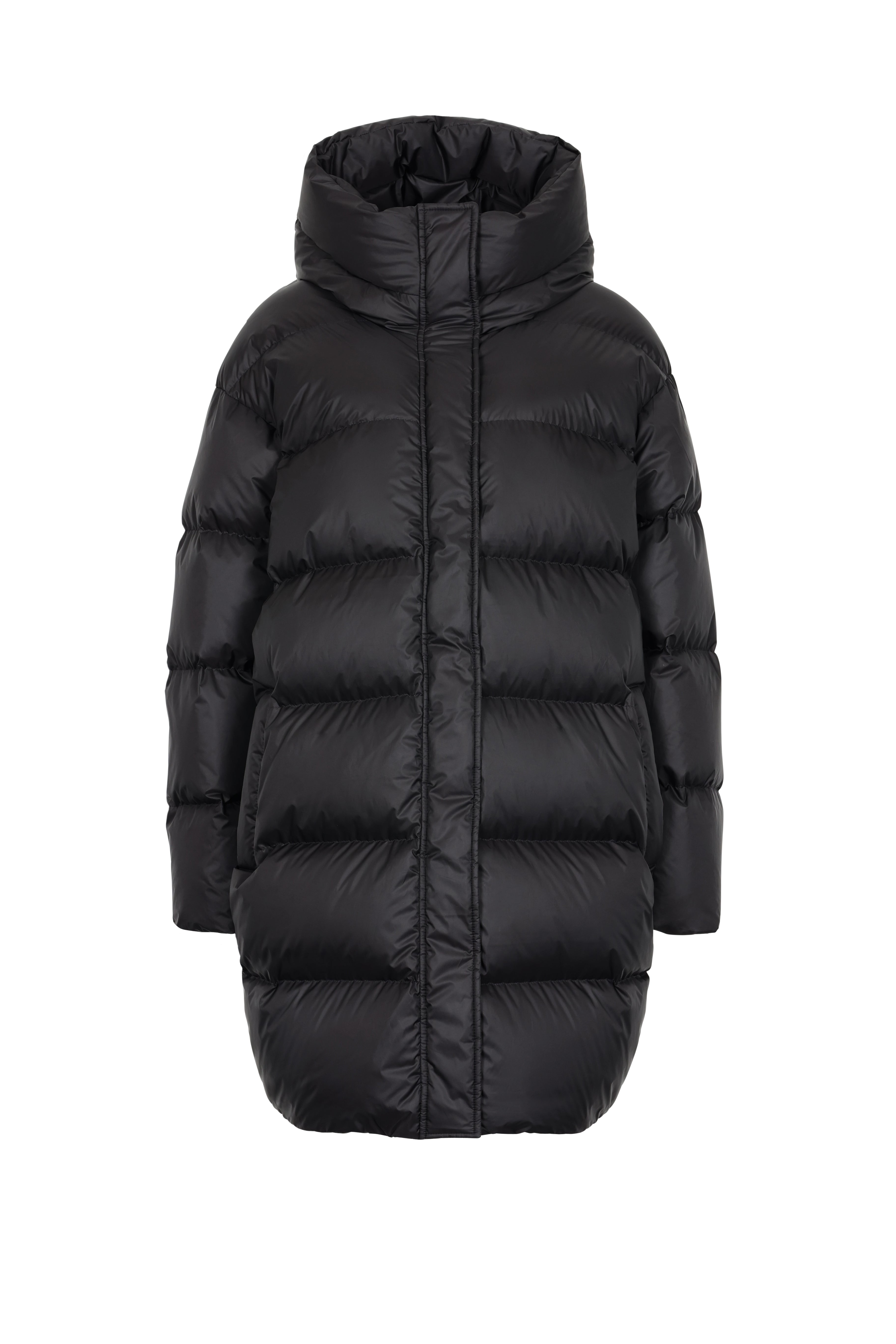 Mid‑length down parka with a cocoon shaped silhouette