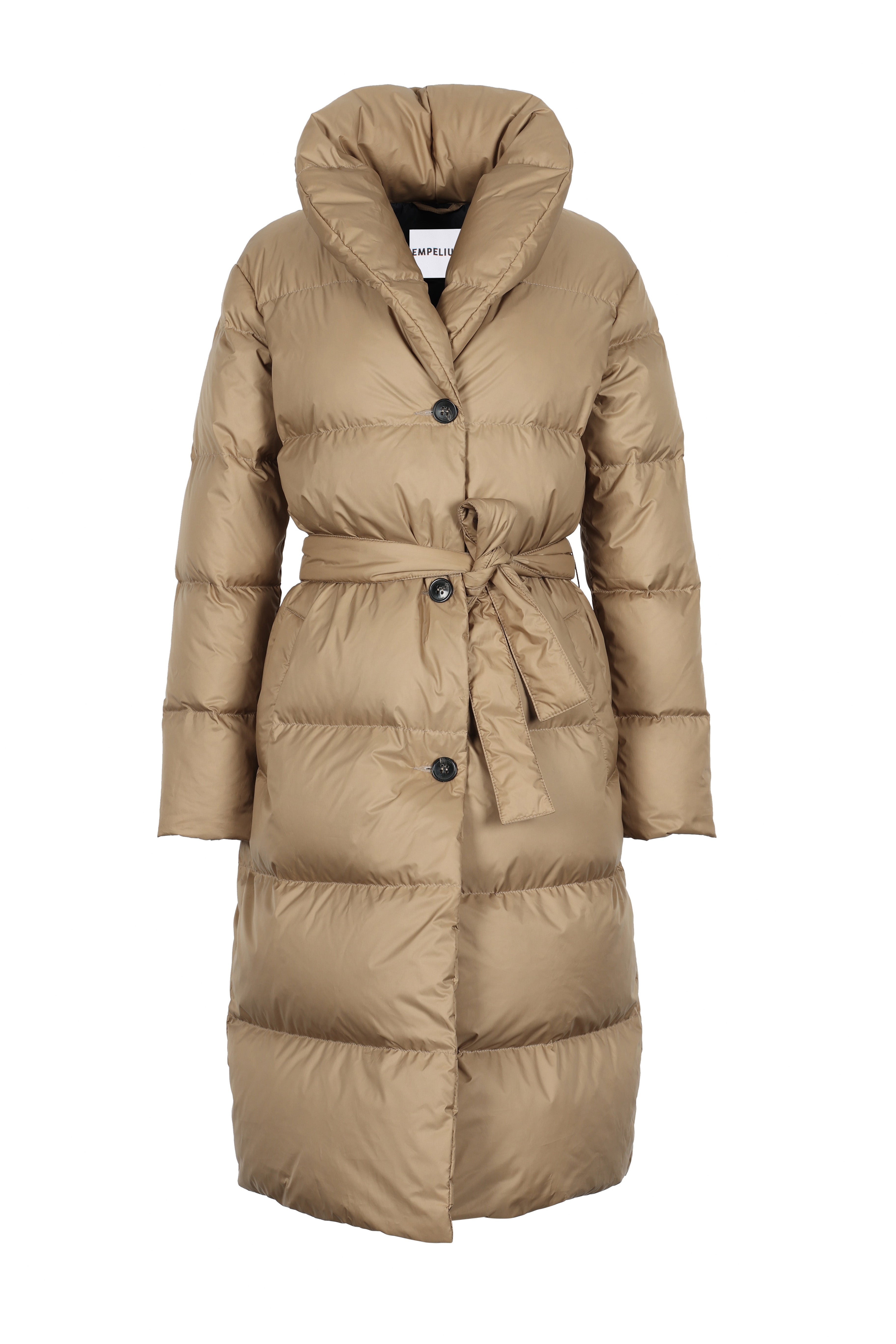 Lempelius belted down coat with shawl collar in color biscuit