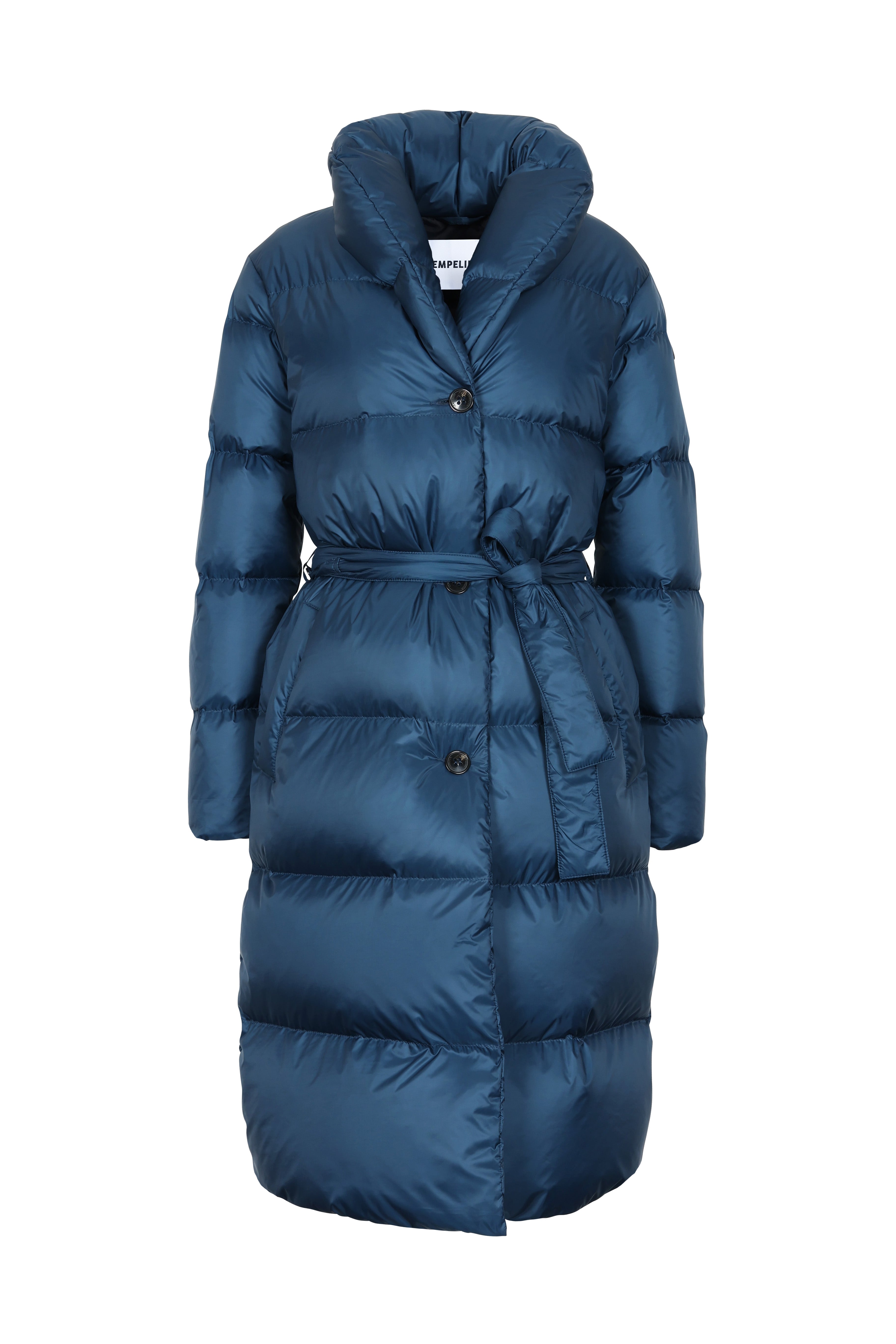 Lempelius belted down coat with shawl collar in color azure