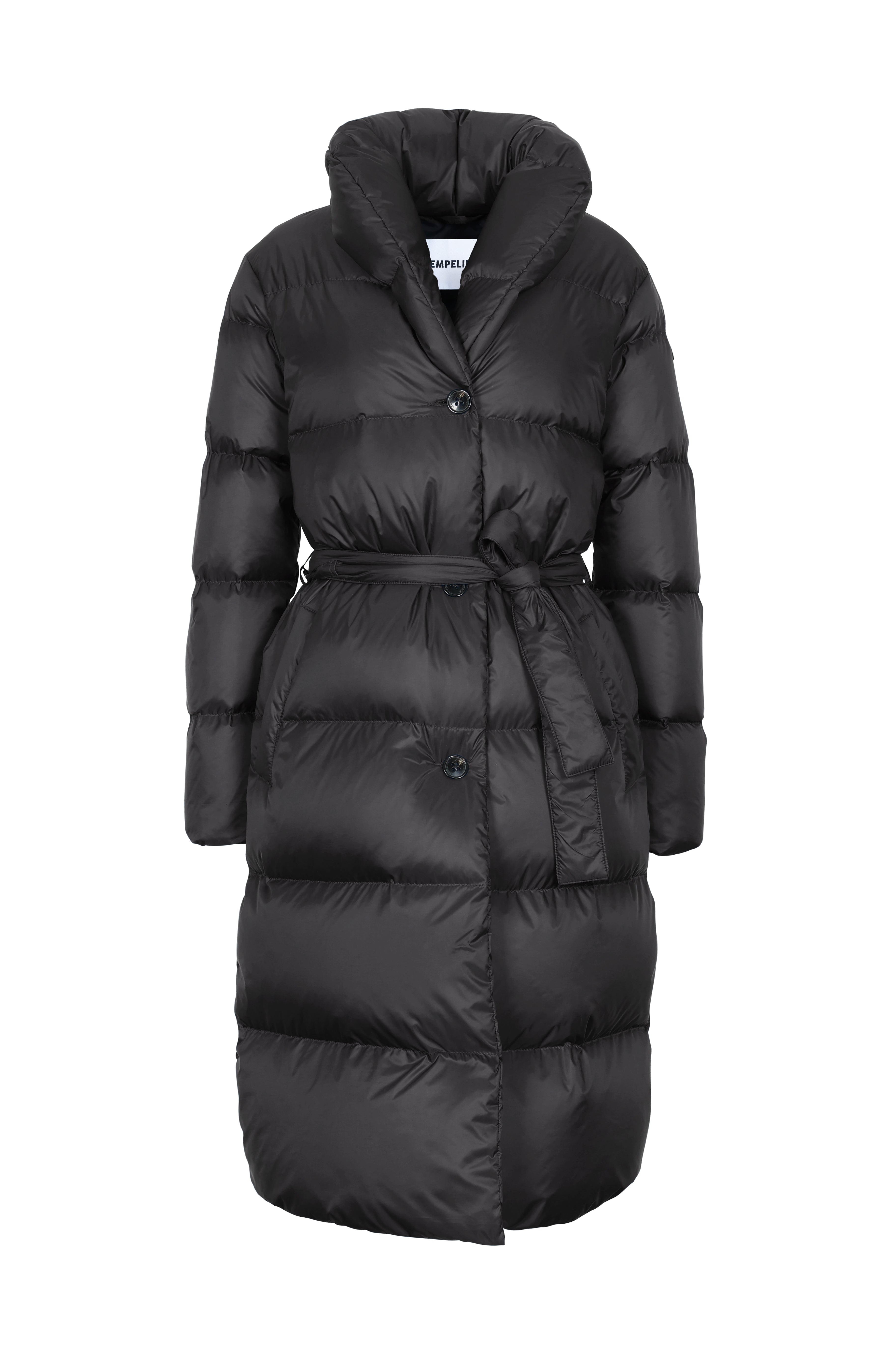 Lempelius belted down coat with shawl collar in color black