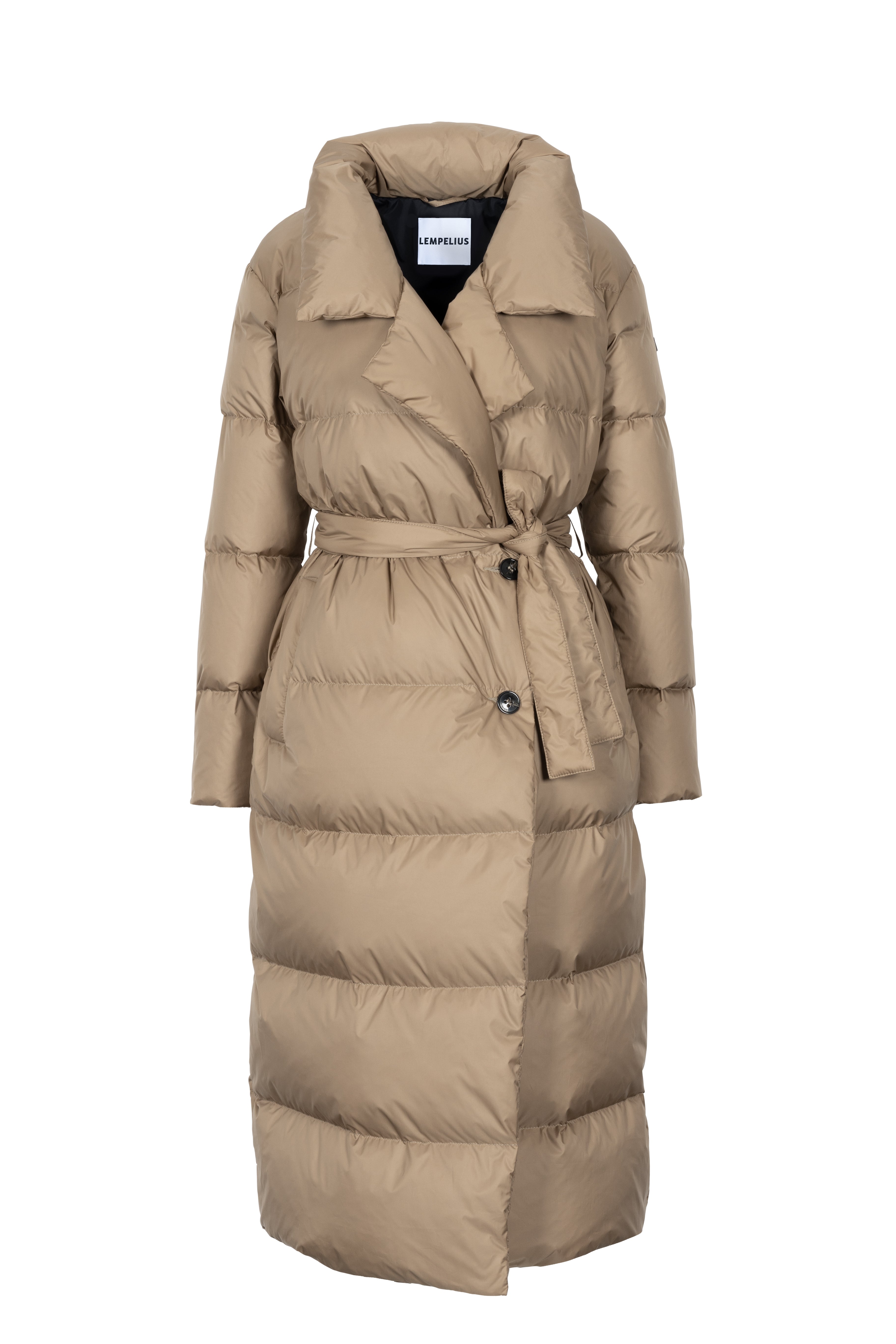 Long belted Lempelius down coat in the color biscuit