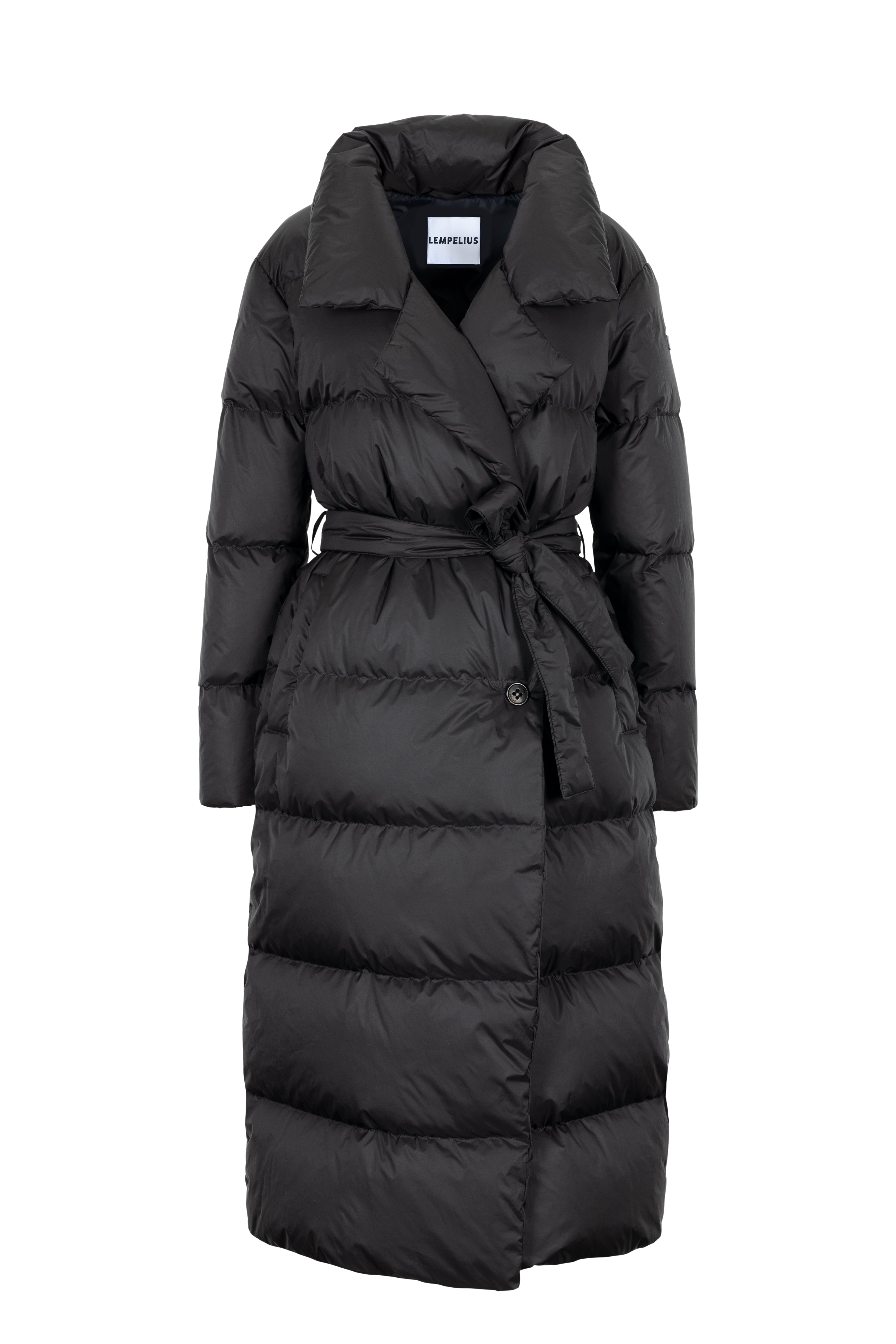 Long belted Lempelius down coat in the color black