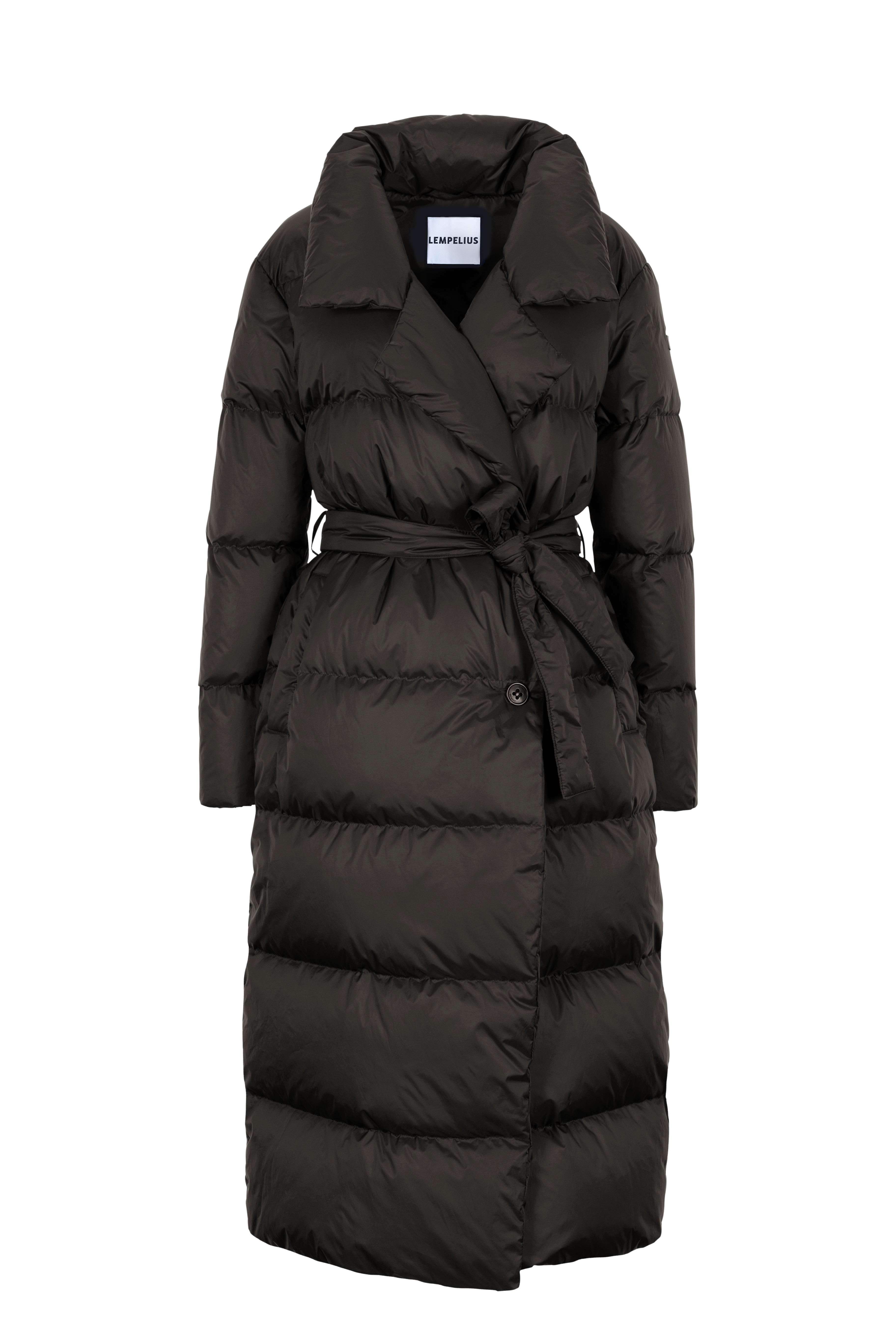 Long belted Lempelius down coat in the color deep green
