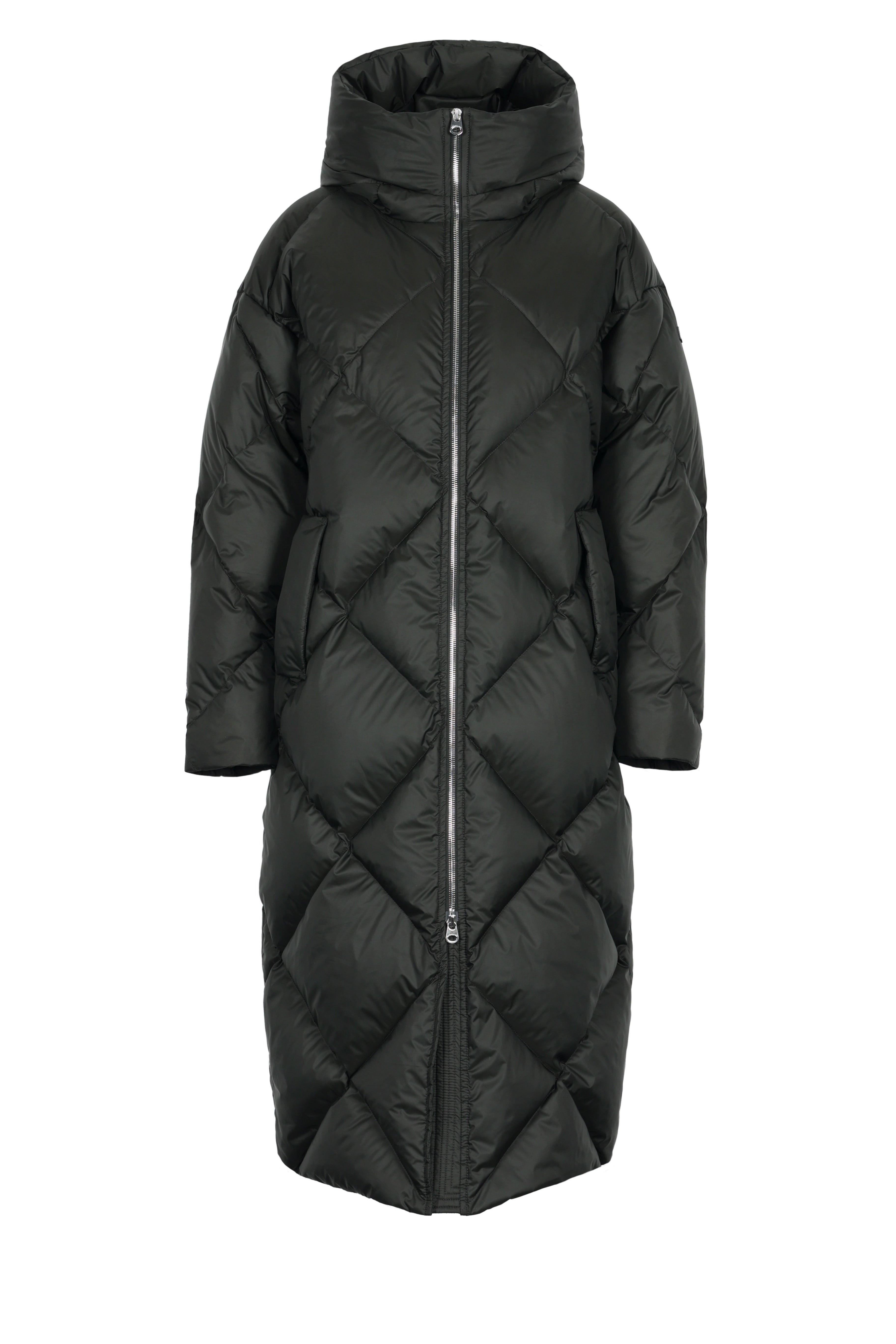 large Diamond Quilted down coat with polished two-way metal zipper