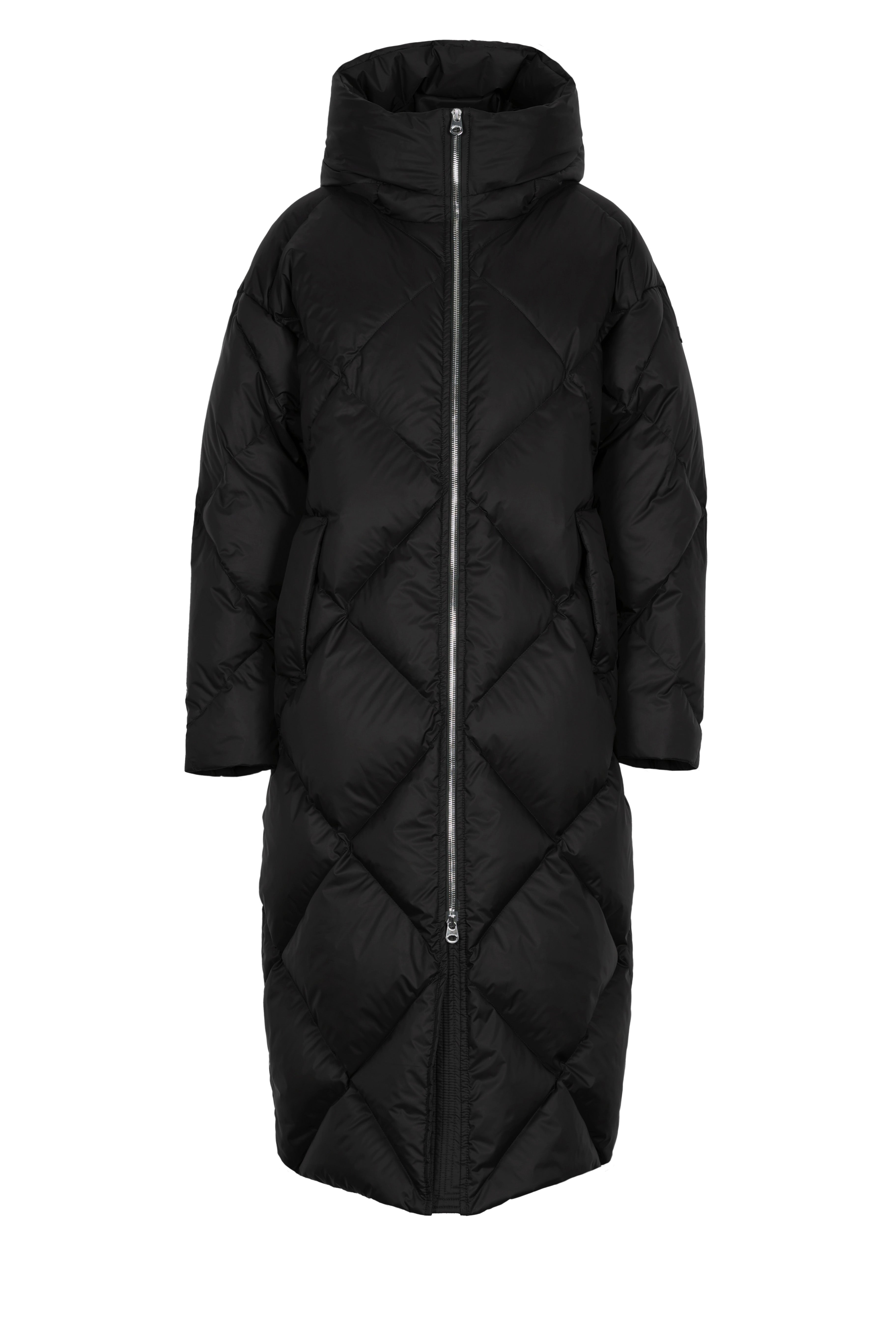 large Diamond Quilted down coat with polished two-way metal zipper