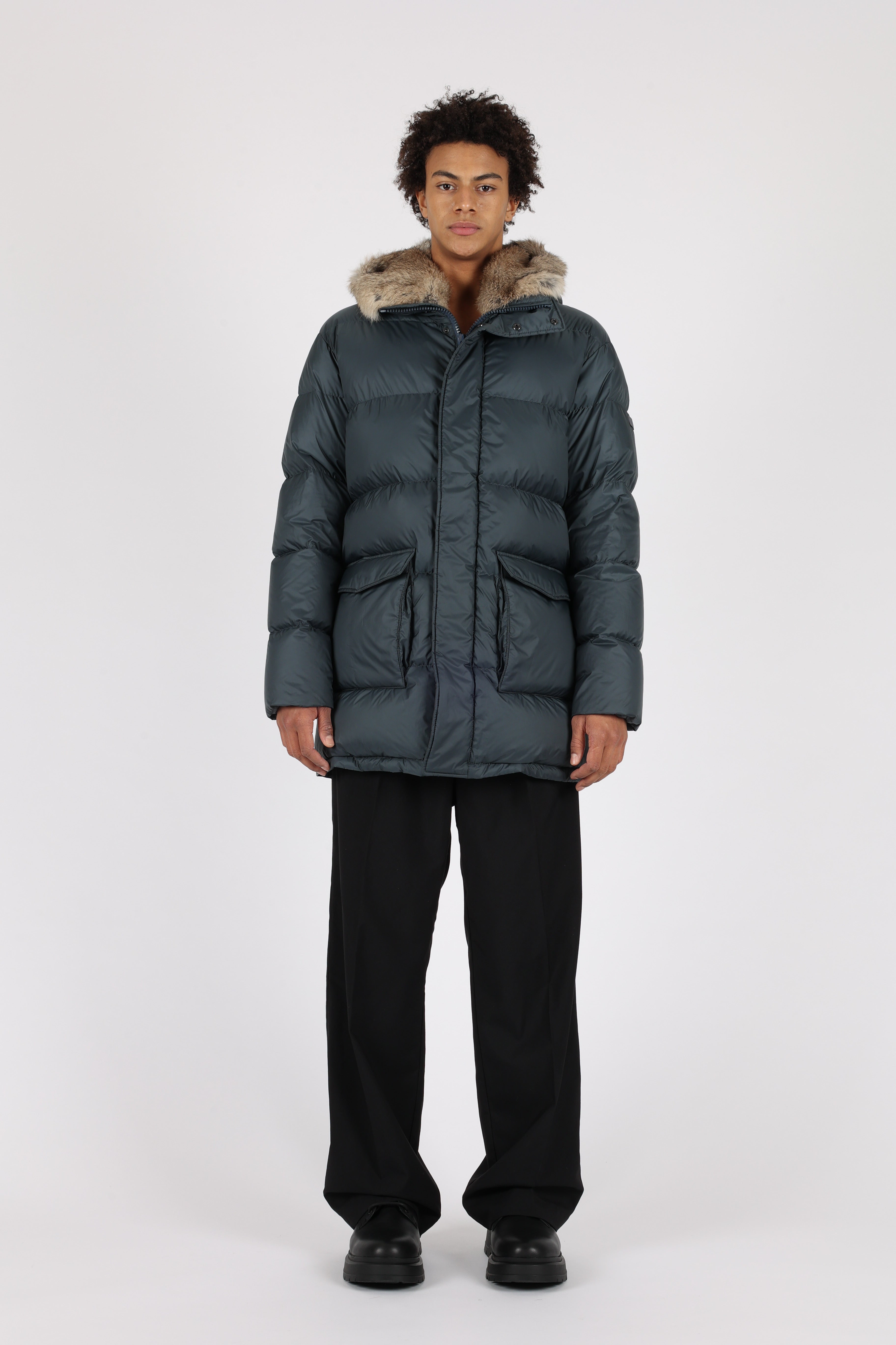 Lempelius Down coat with fur hood in bluegrey