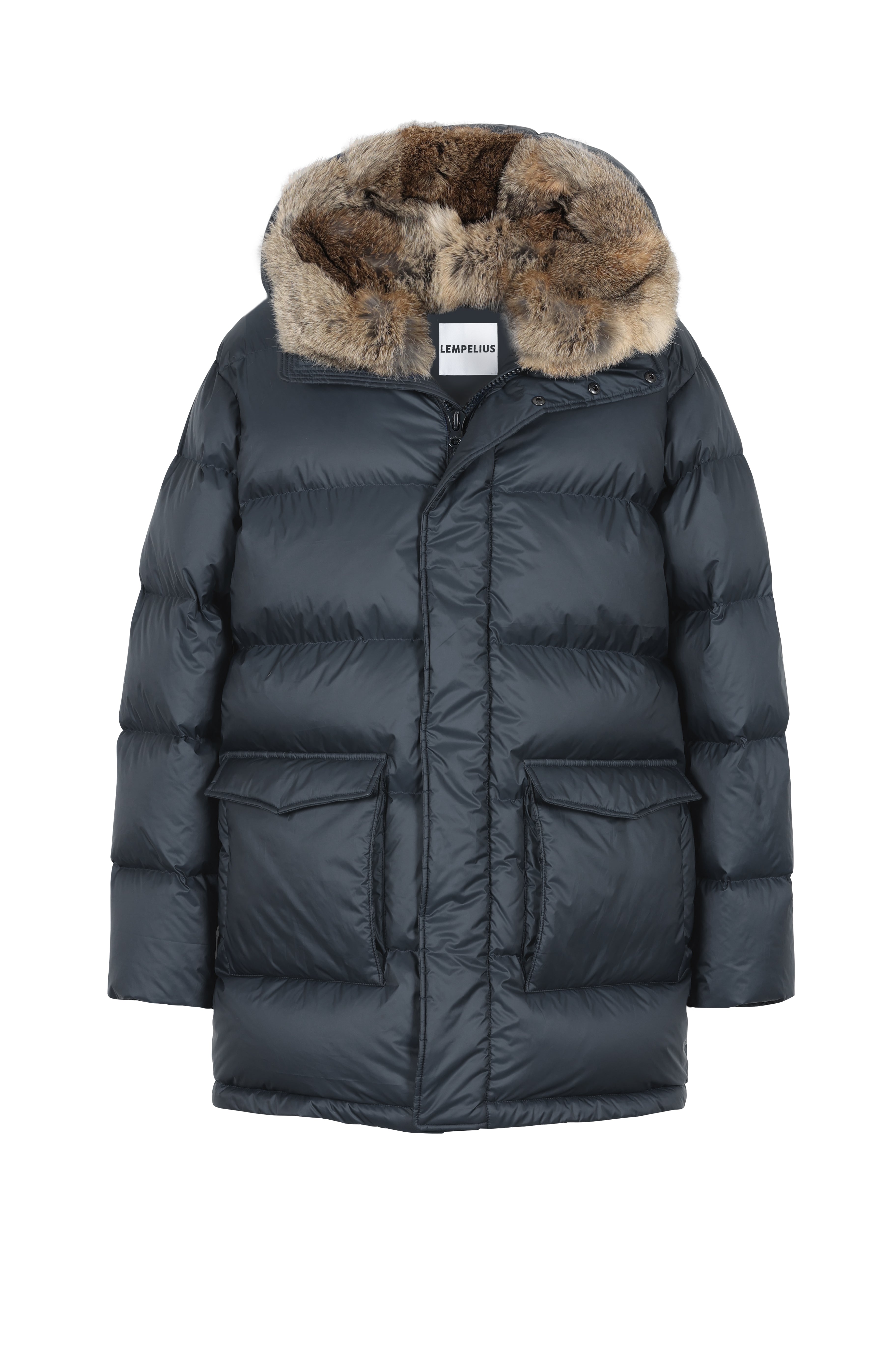 Lempelius Down coat with fur hood in bluegrey