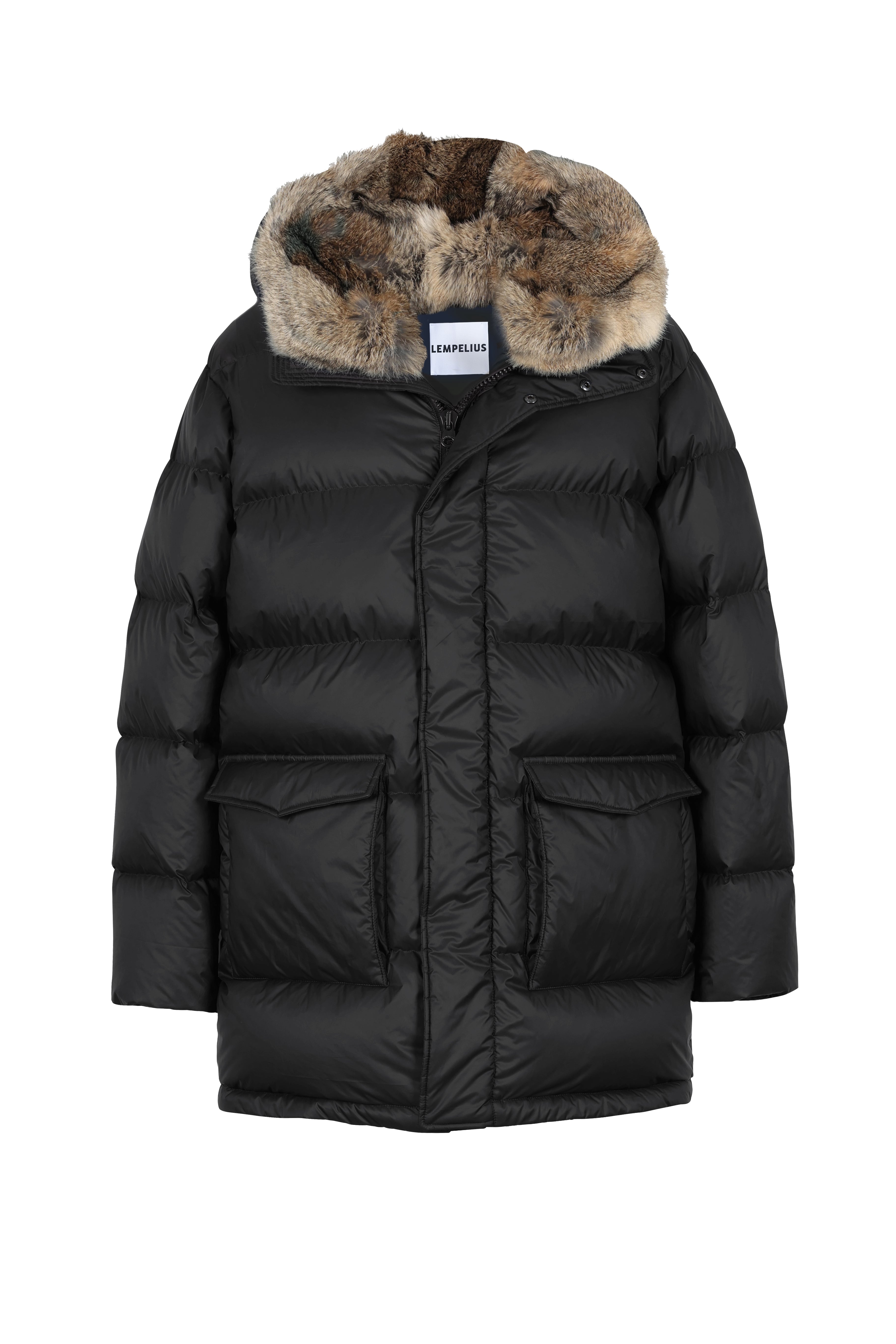 Mens Lempelius down coat with patch pockets in black