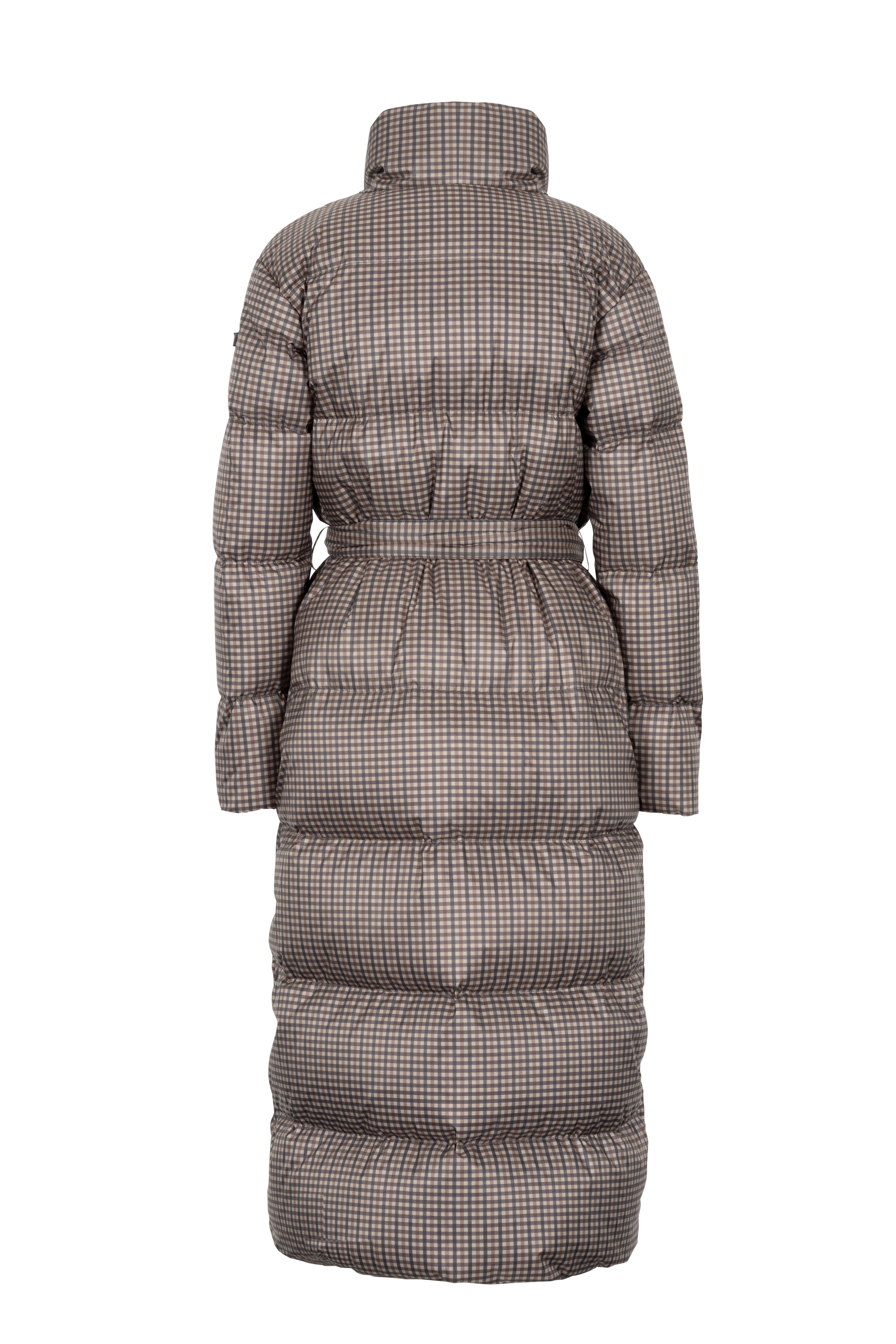 Long belted Lempelius down coat with check print