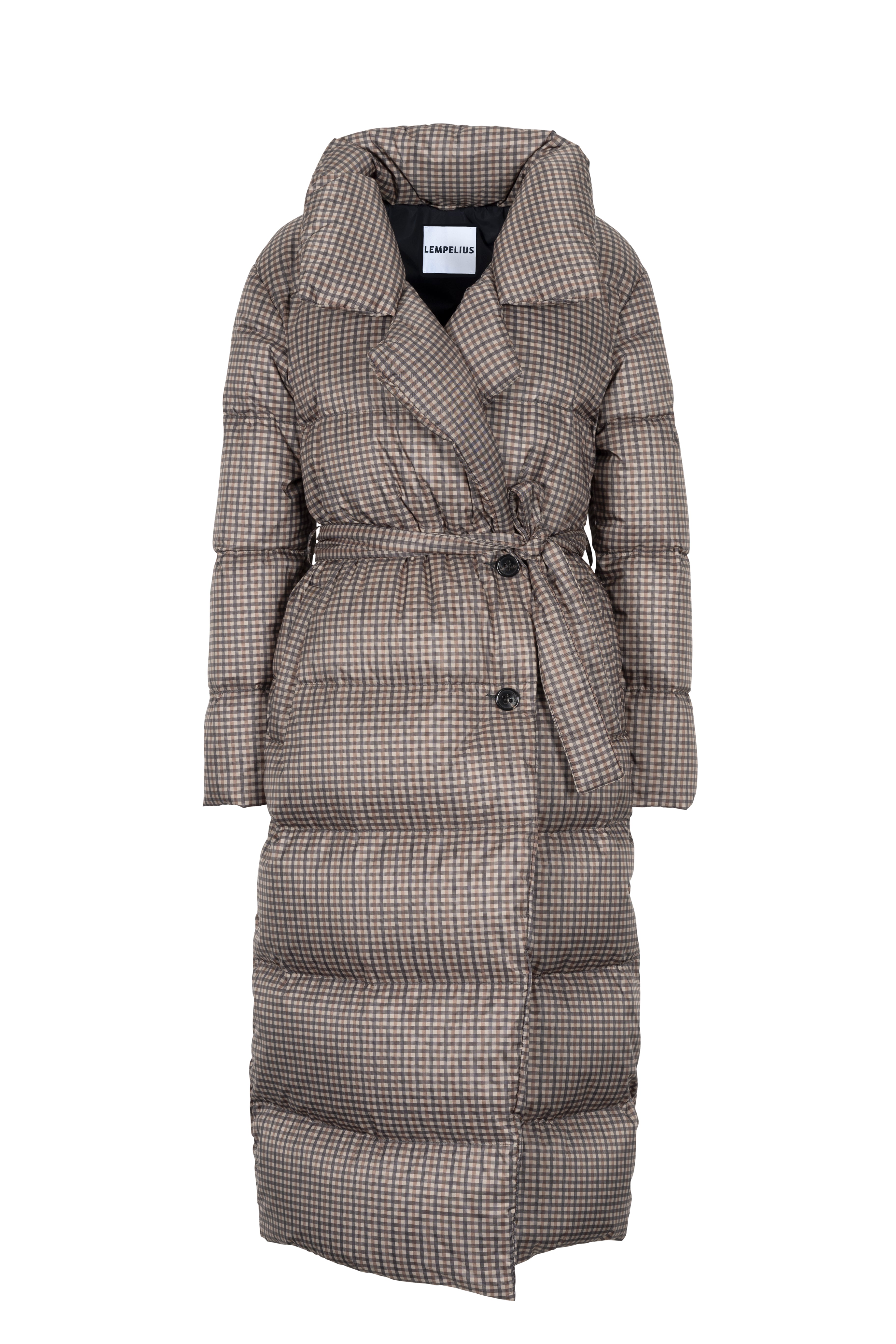 Long belted Lempelius down coat with check print