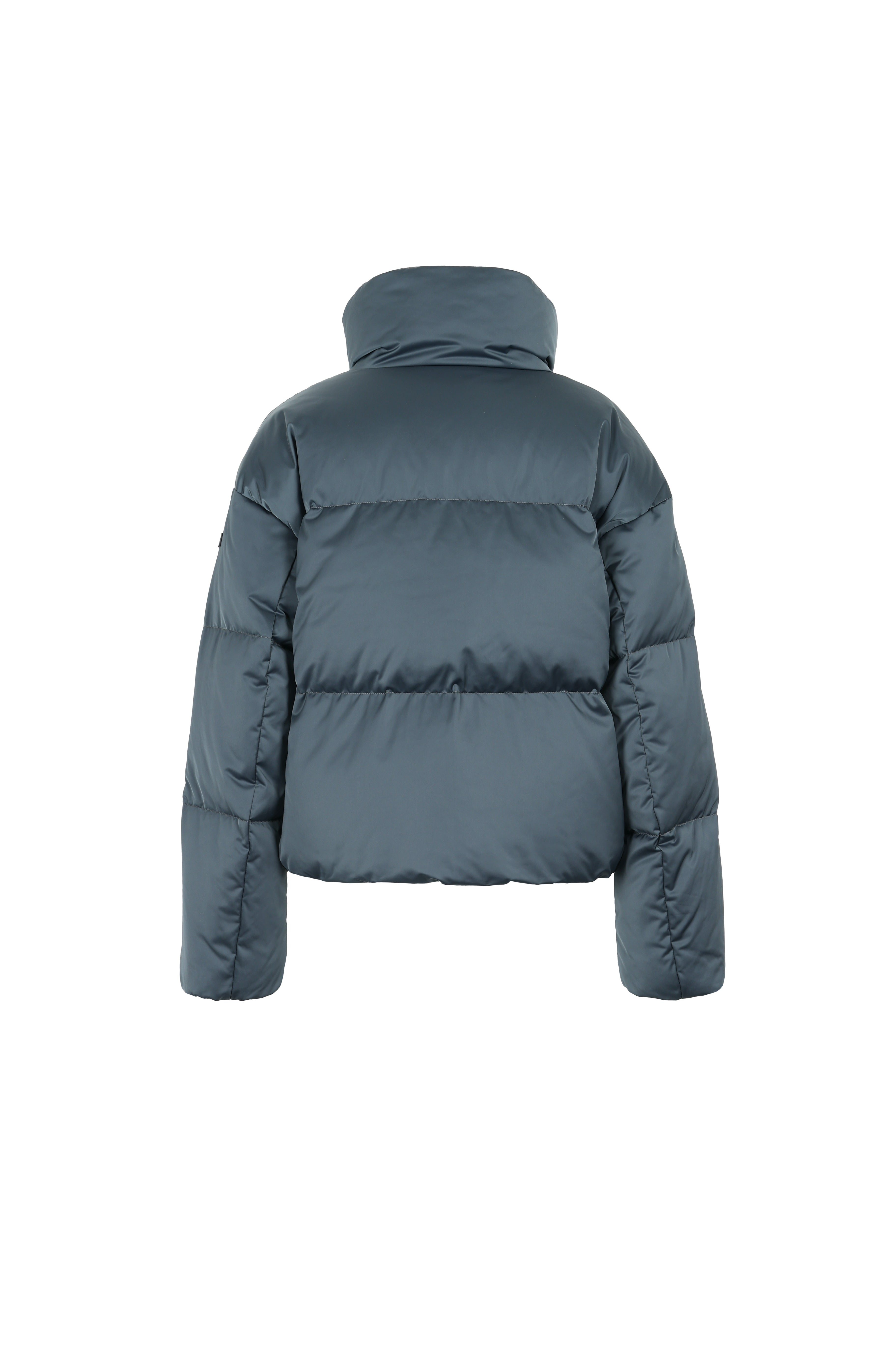 short down puffer in graphite blue