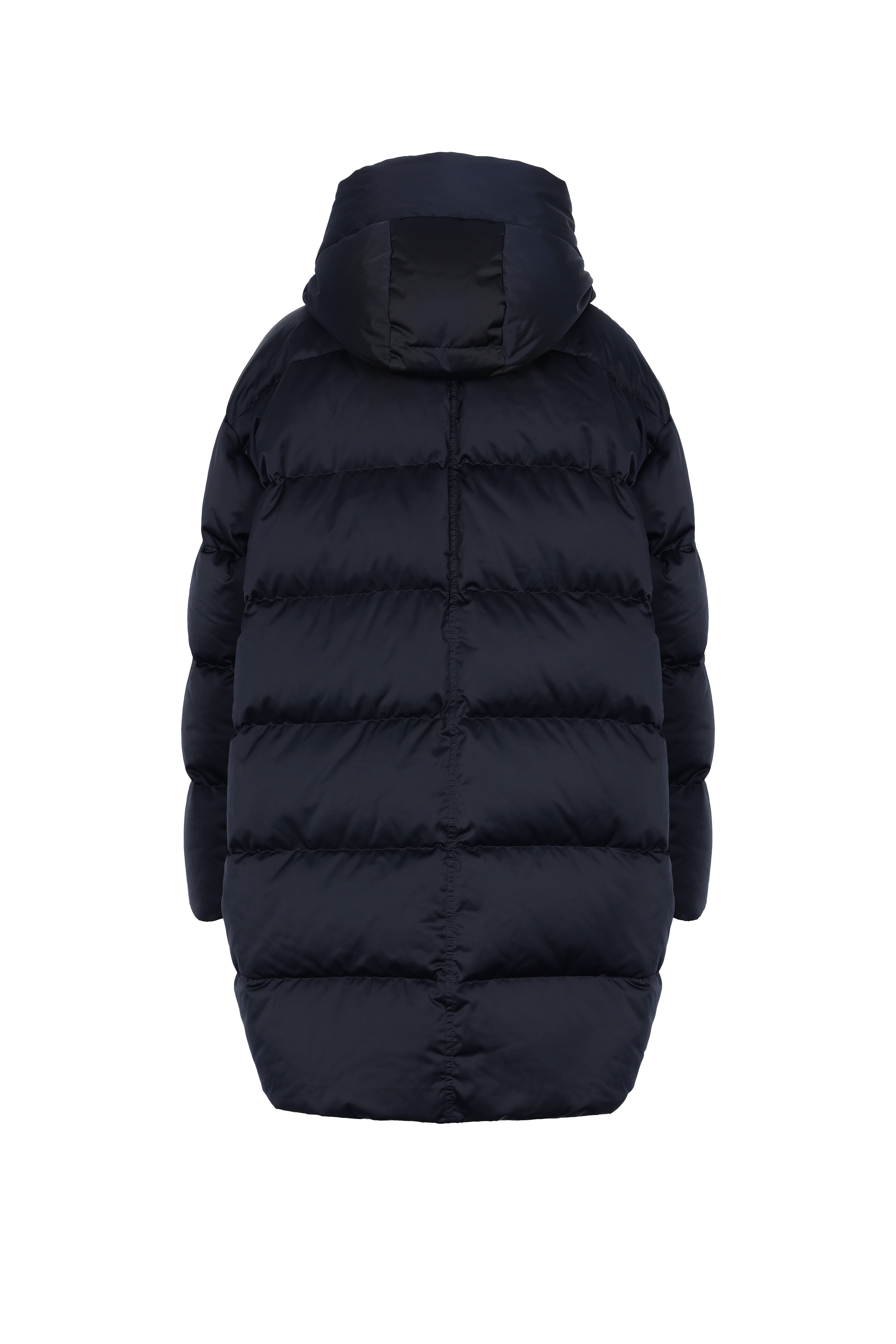 Mid‑length down parka with a cocoon shaped silhouette