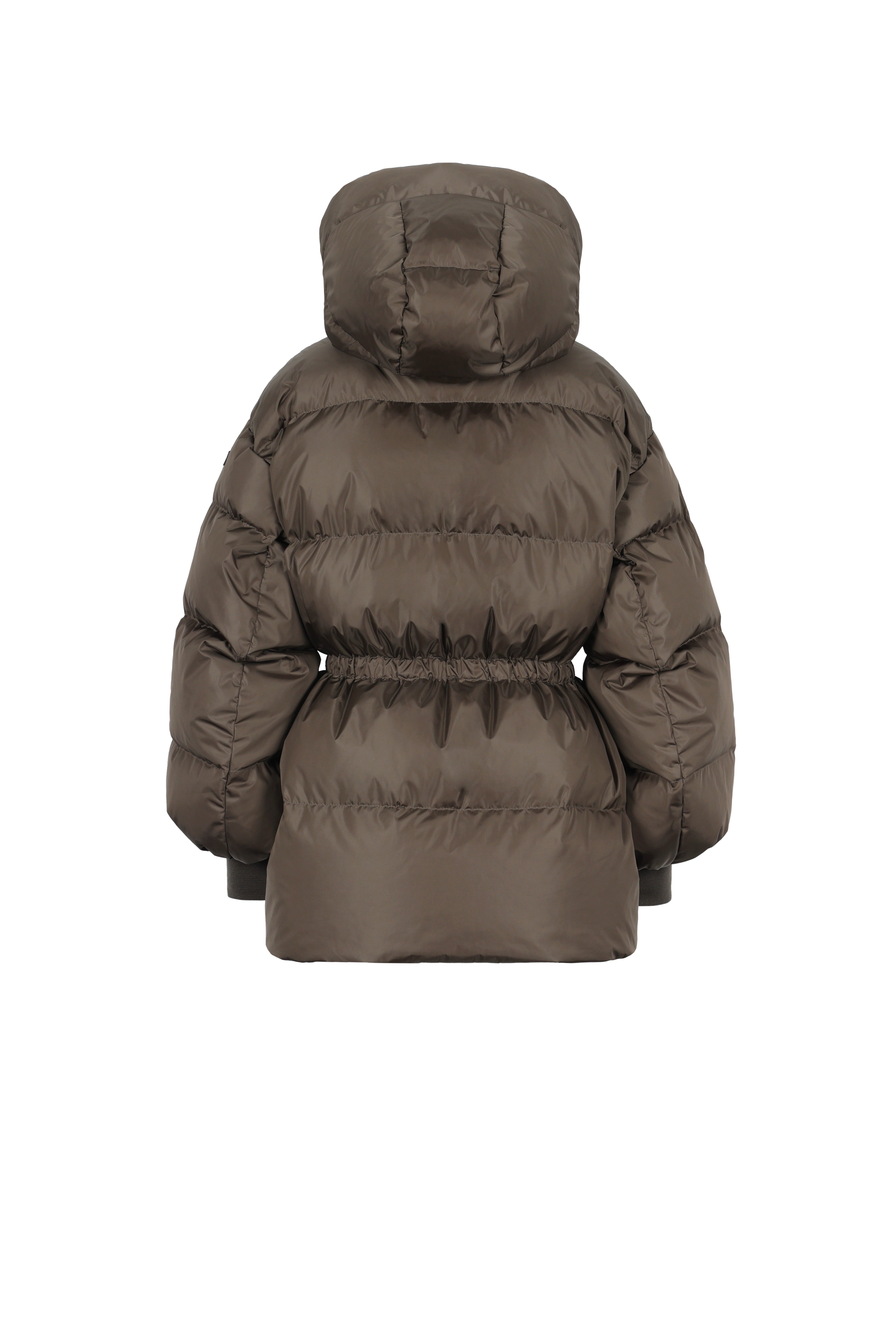 hooded LEMPELIUS short down jacket in foggy green with cotton cuffs fitted at the waist form the front