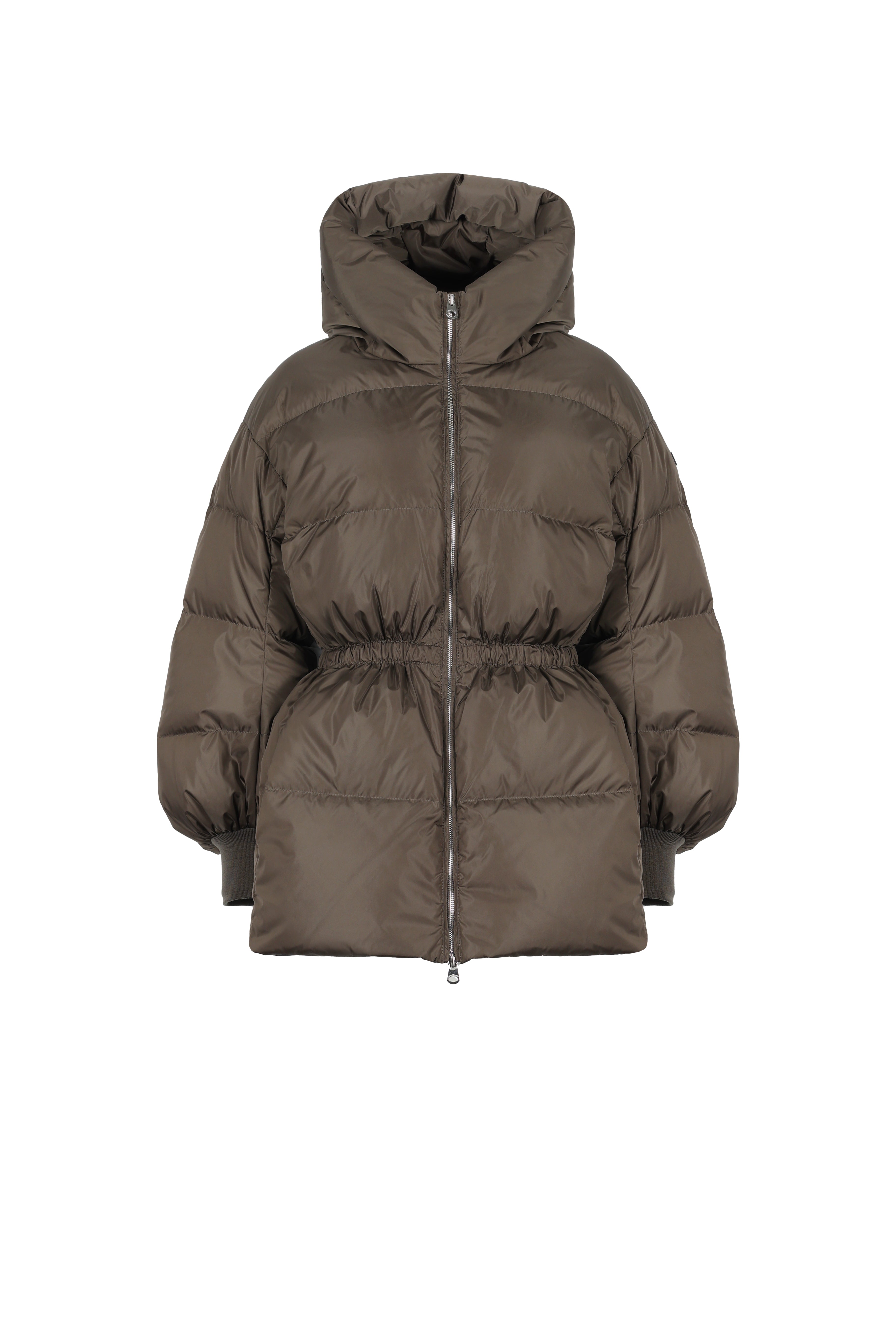 hooded LEMPELIUS short down jacket in foggy green with cotton cuffs fitted at the waist form the front