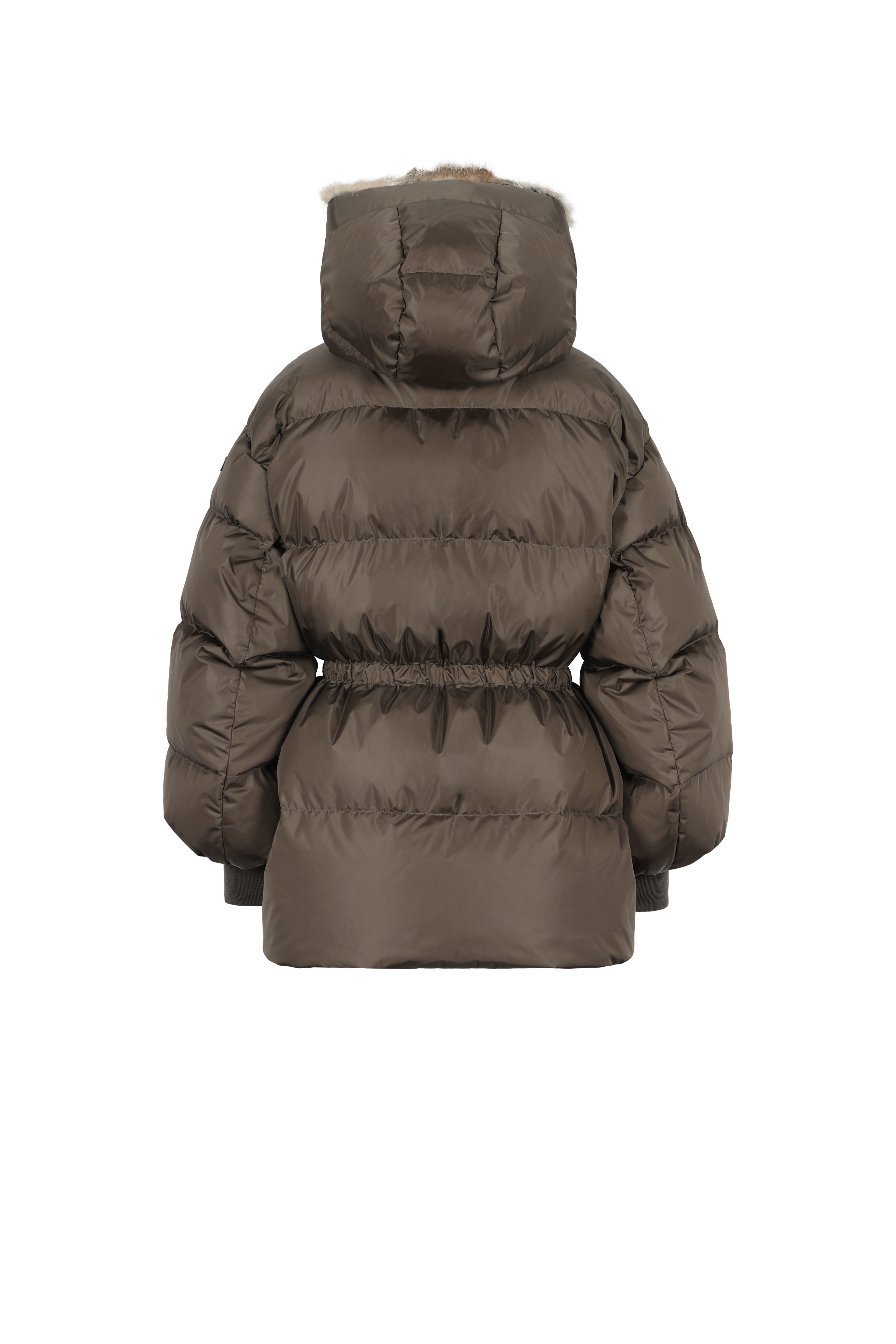 rabbit fur hooded LEMPELIUS short down jacket in foggy green with cotton cuffs fitted at the waist form the front