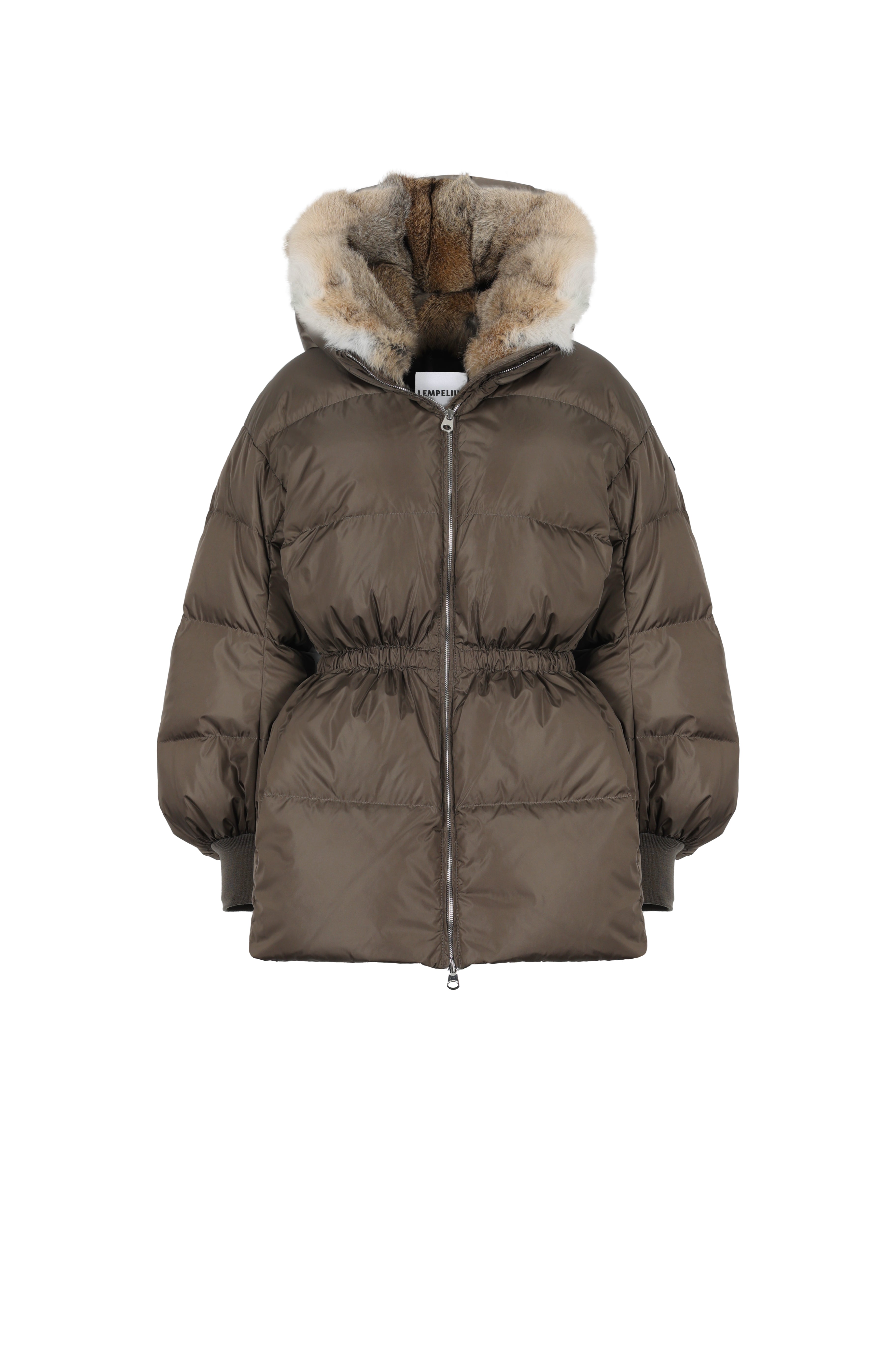 rabbit fur hooded LEMPELIUS short down jacket in foggy green with cotton cuffs fitted at the waist form the front