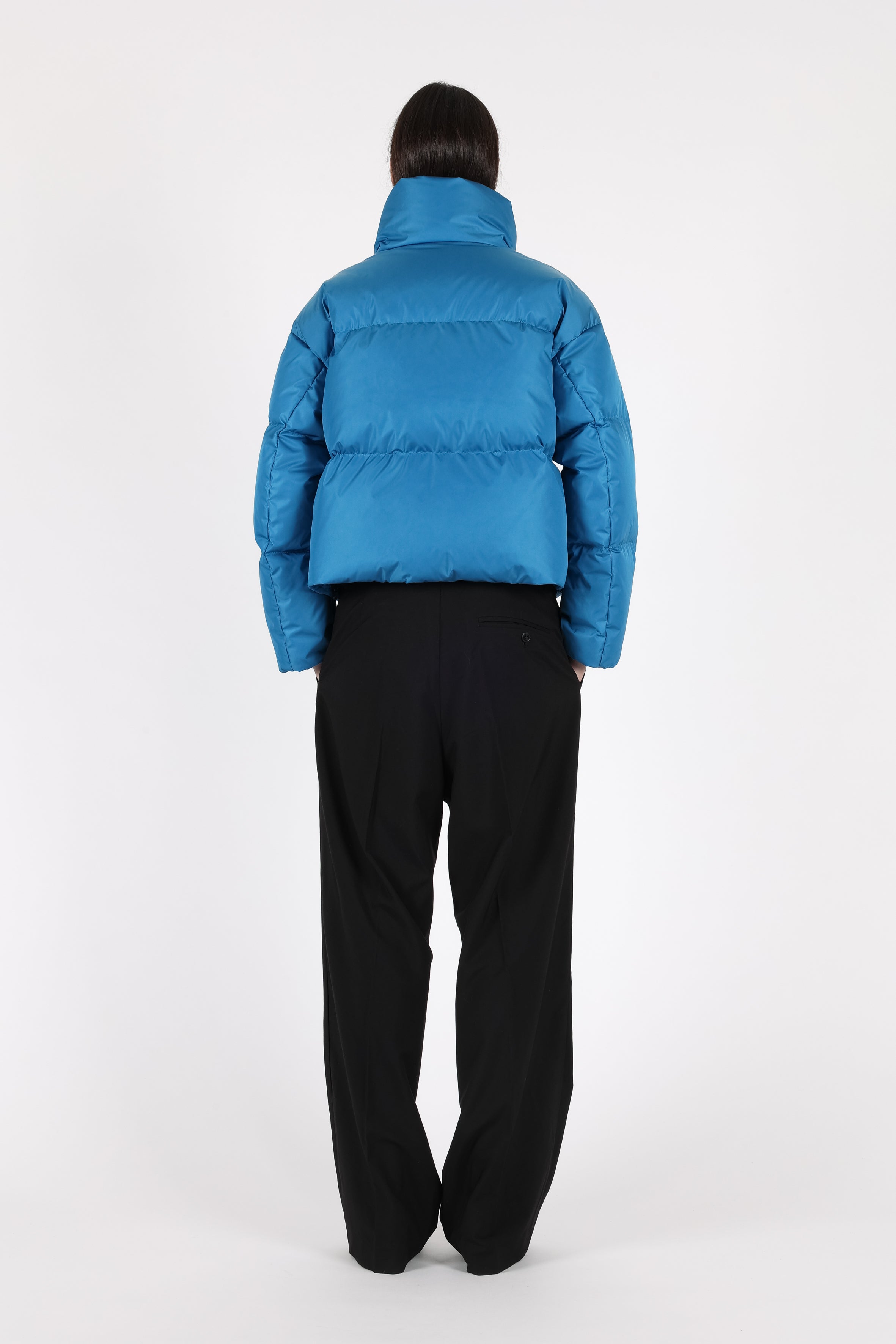 short down puffer in sky blue