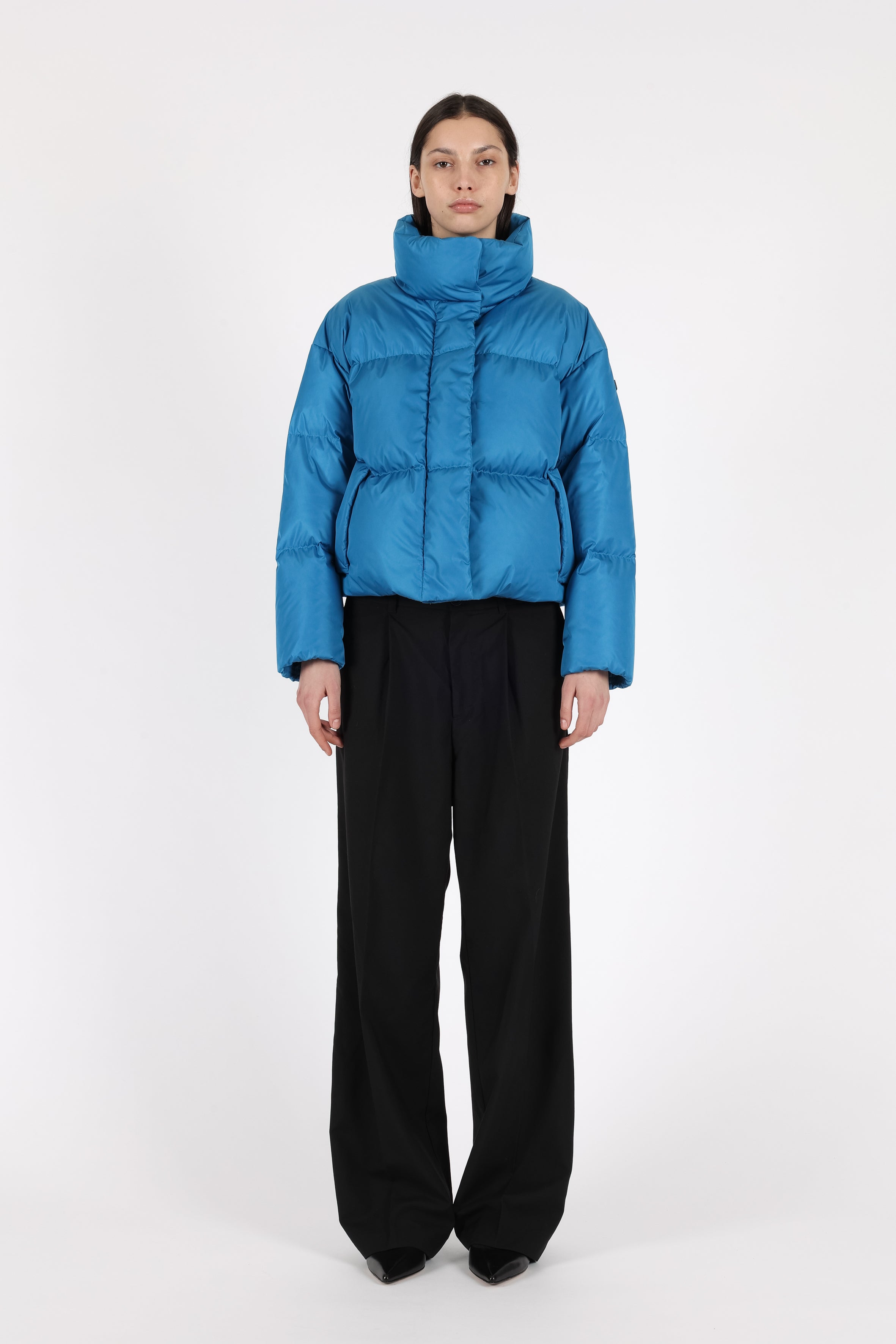 short down puffer in sky blue