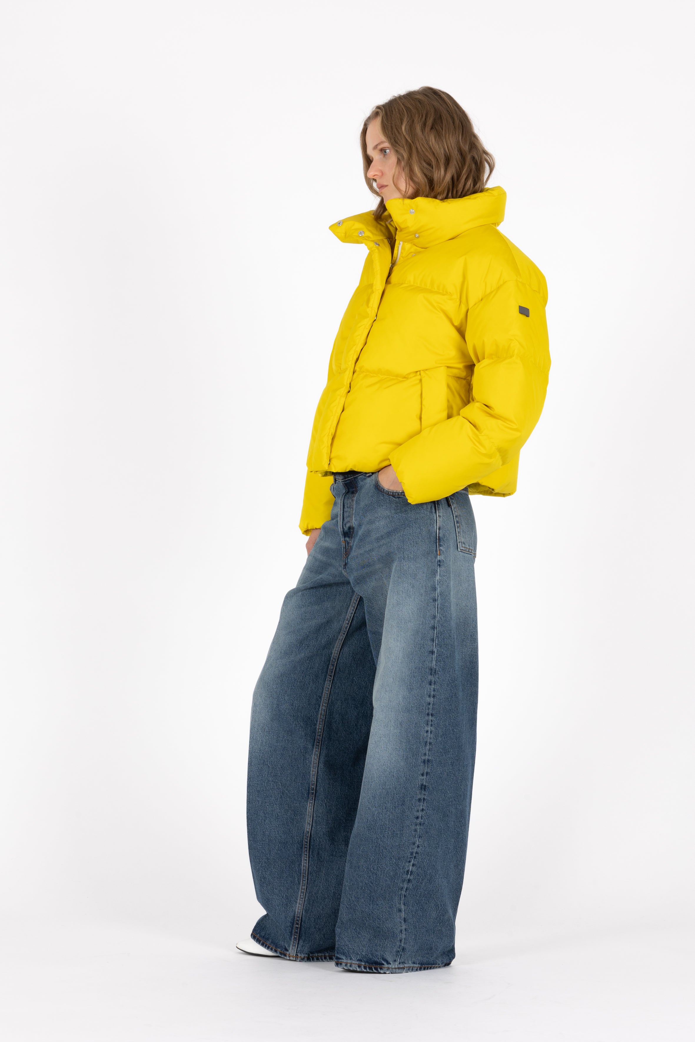 short down puffer in true yellow