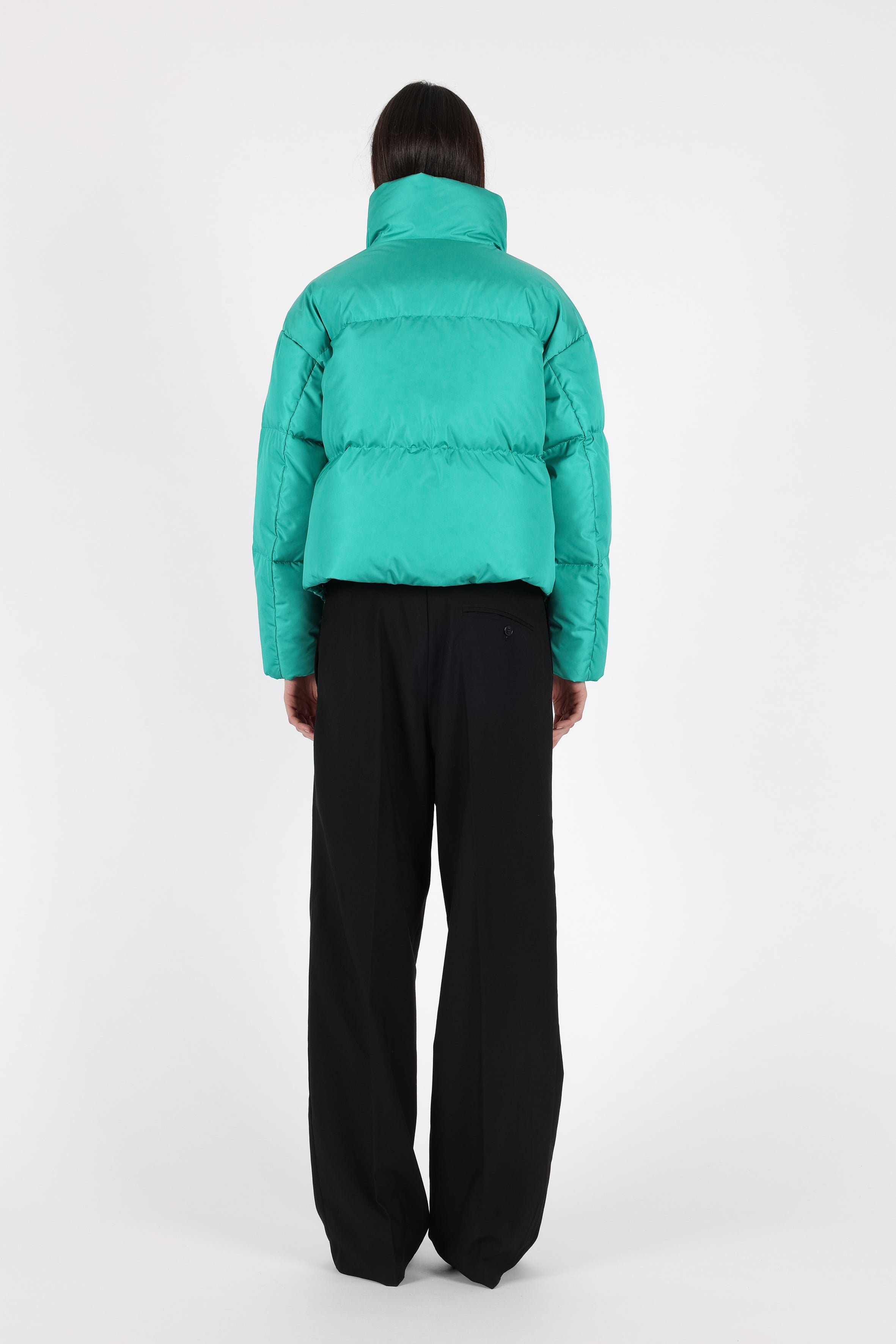 short down puffer in eclectic green