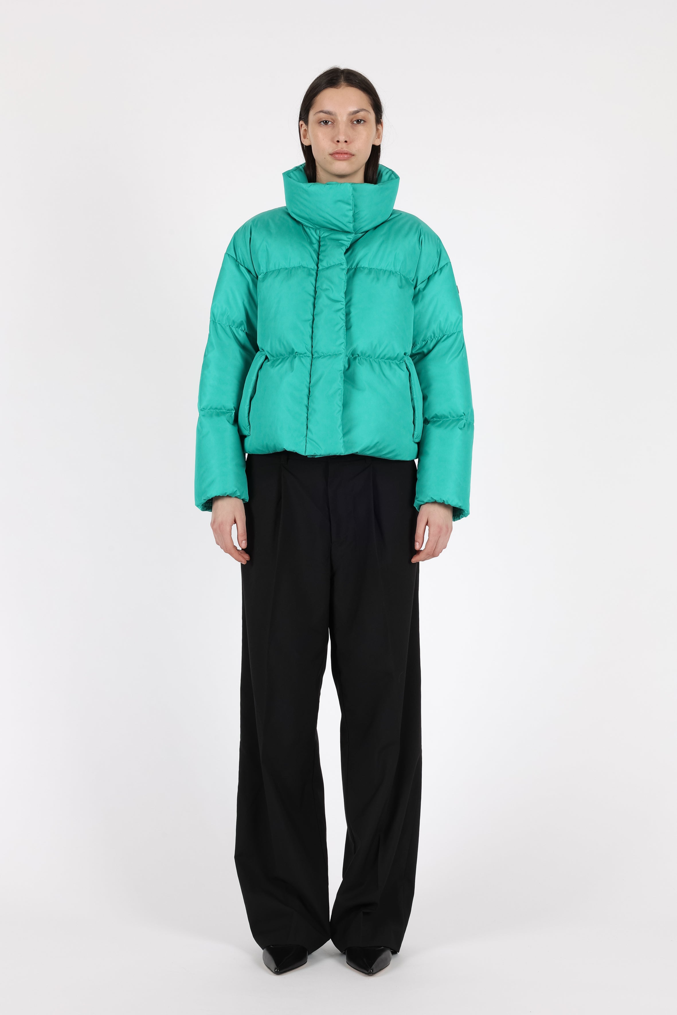 short down puffer in eclectic green