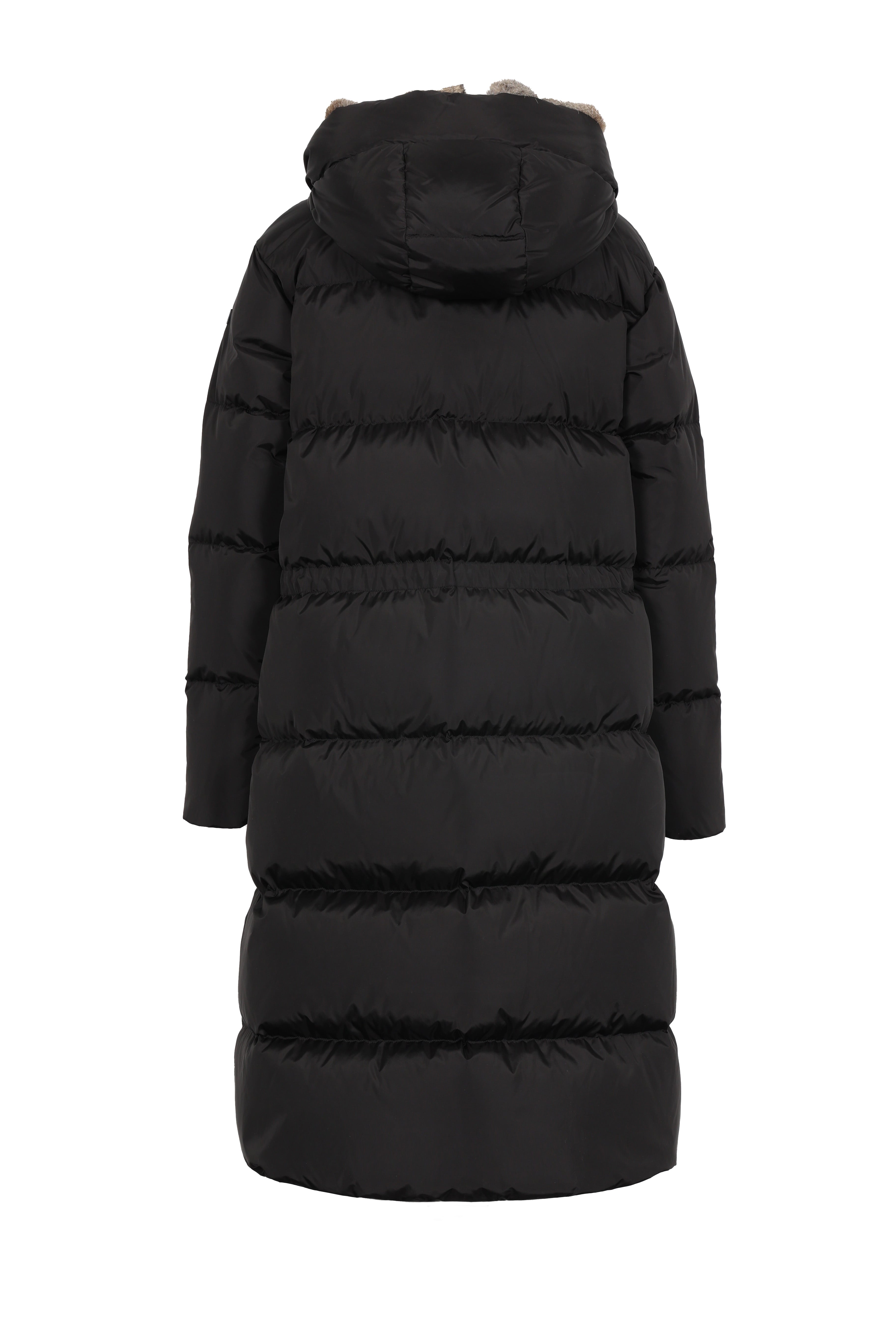 Long Lempelius Downcoat with a slim, slightly flared silhouette in back
and hood with extra soft, removable rabbit fur