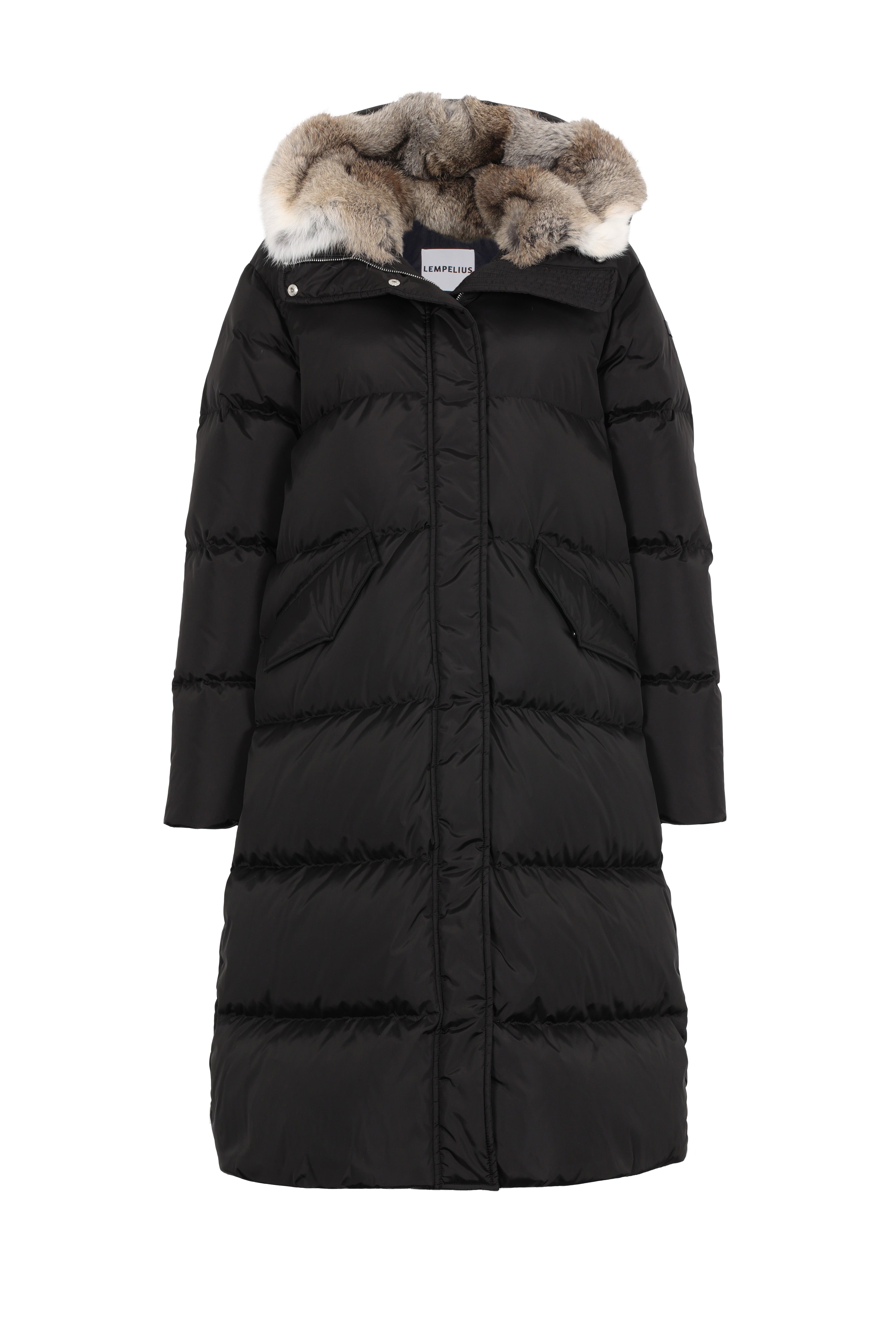 Long Lempelius Downcoat with a slim, slightly flared silhouette in back
and hood with extra soft, removable rabbit fur