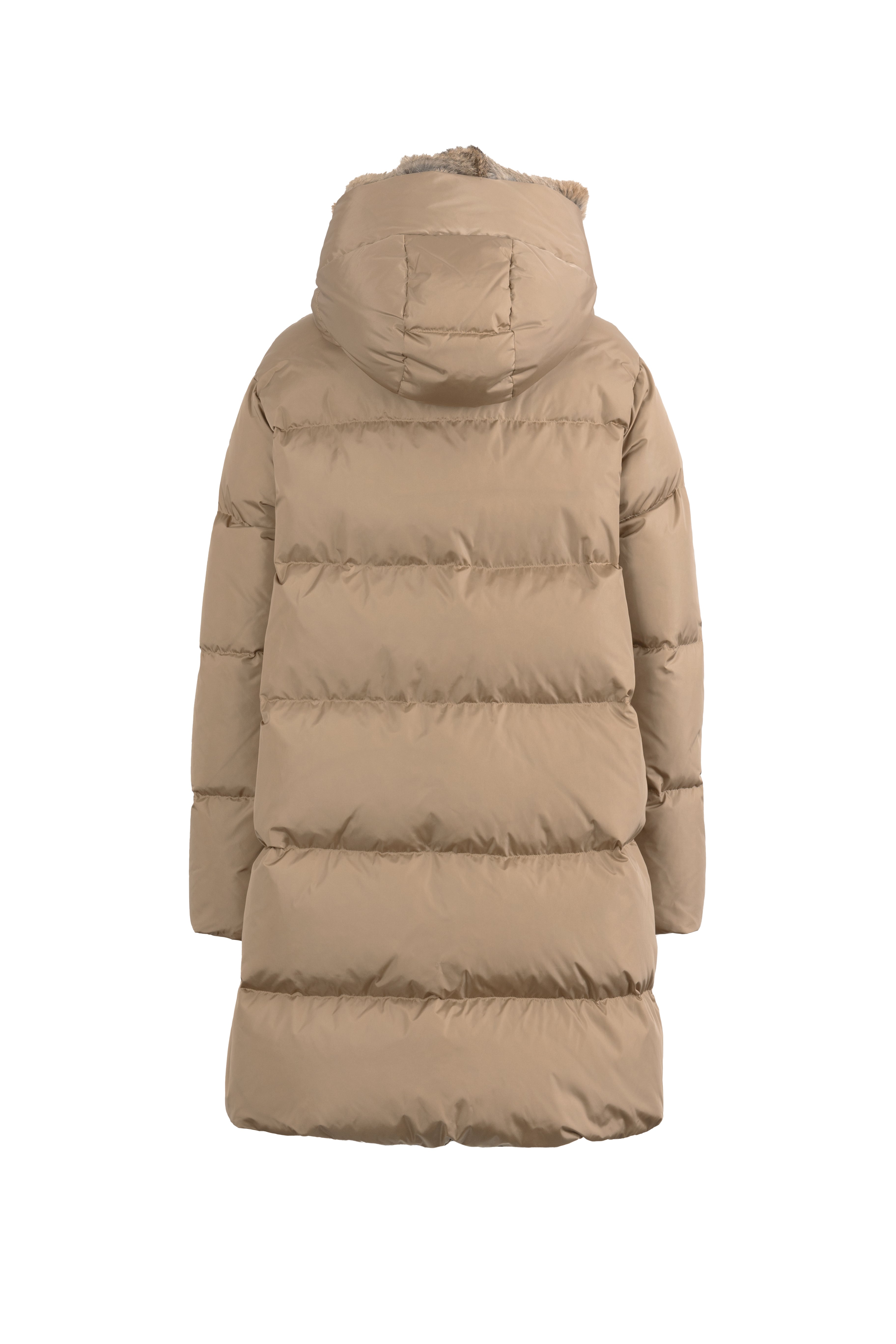 Minimal Lempelius down coat with rabbit fur hood in tan