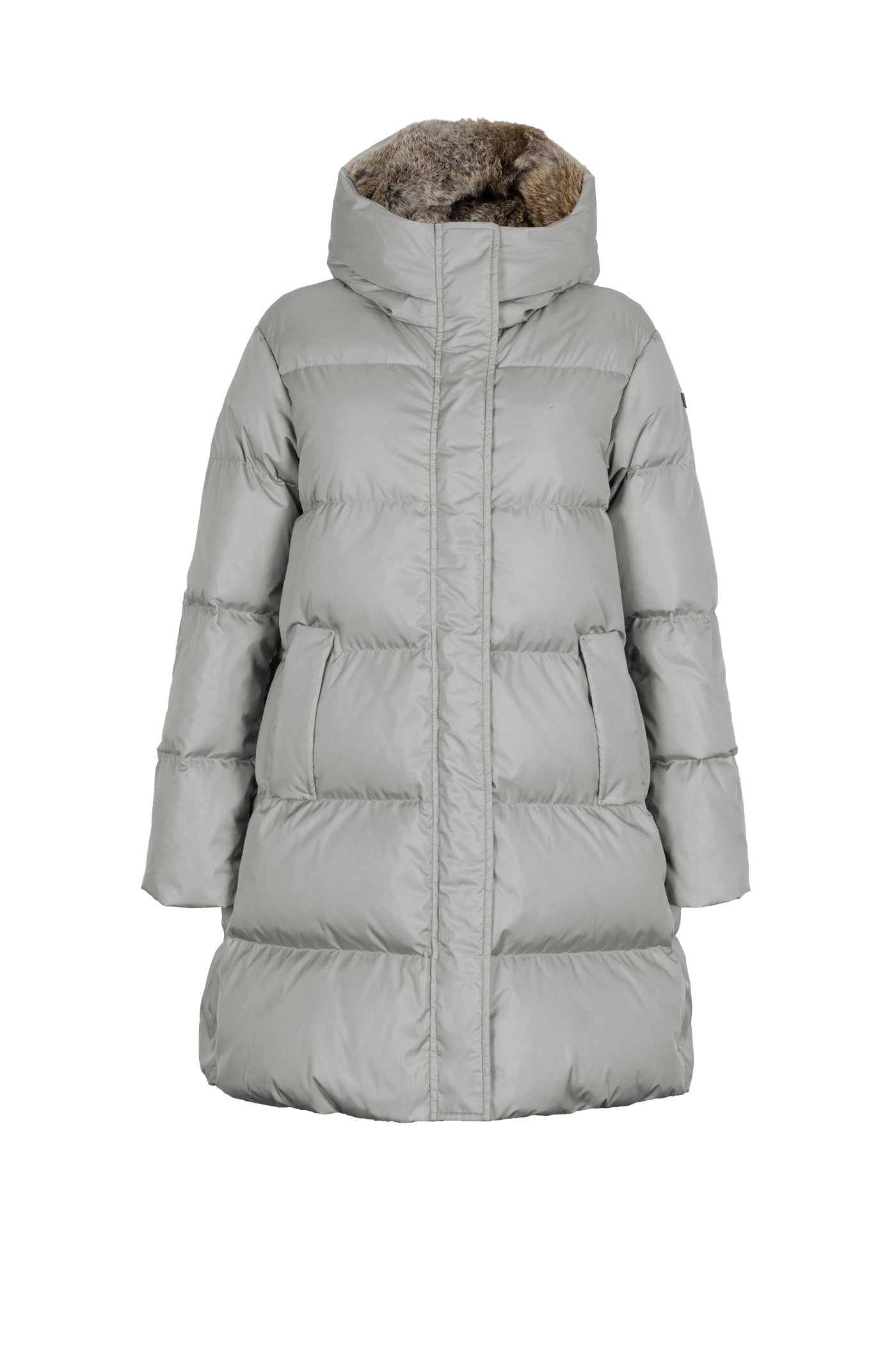 Minimal Lempelius down coat with rabbit fur hood